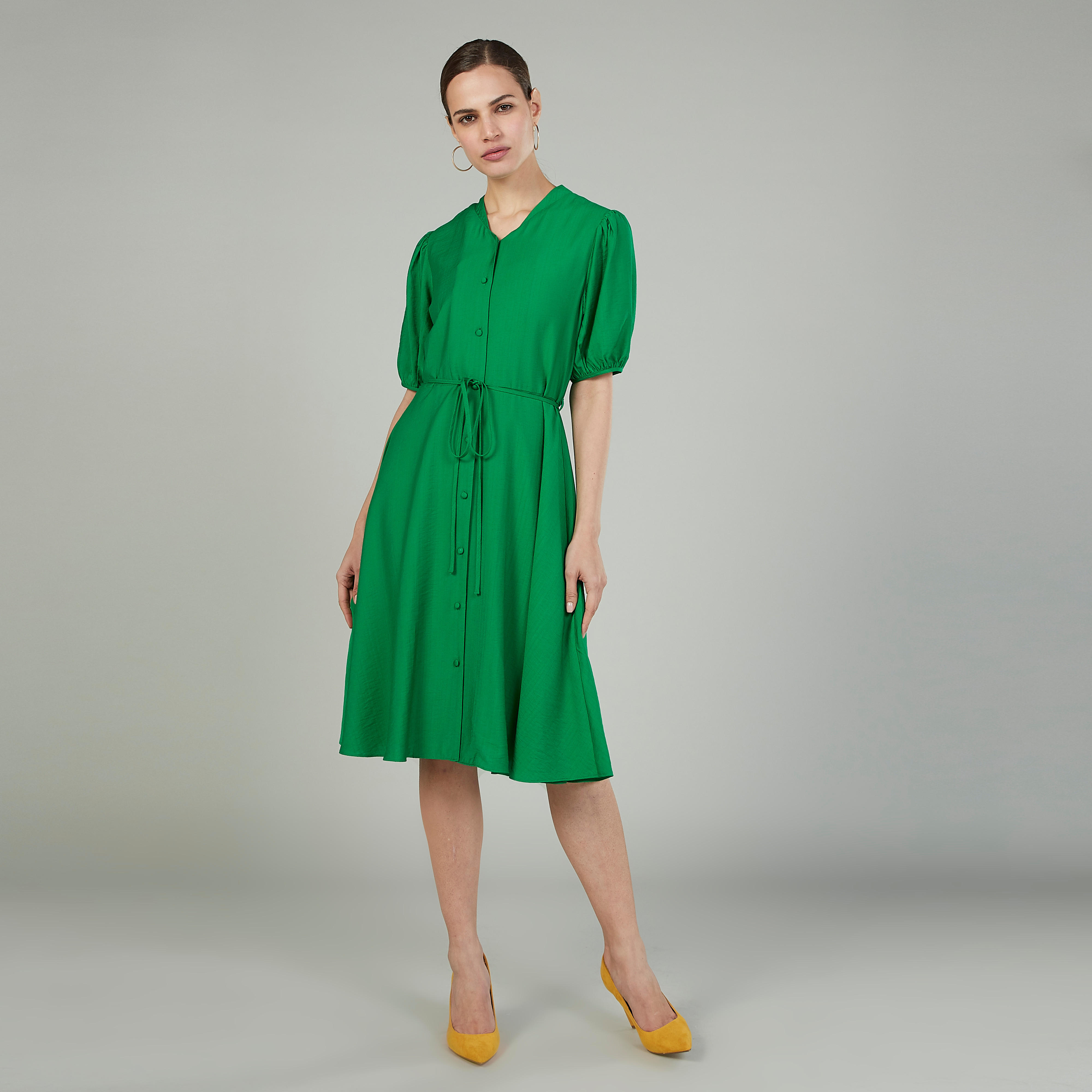 قميص فستان سادة بأكمام قصيرة وأربطة-women-clothing-dresses-image-10