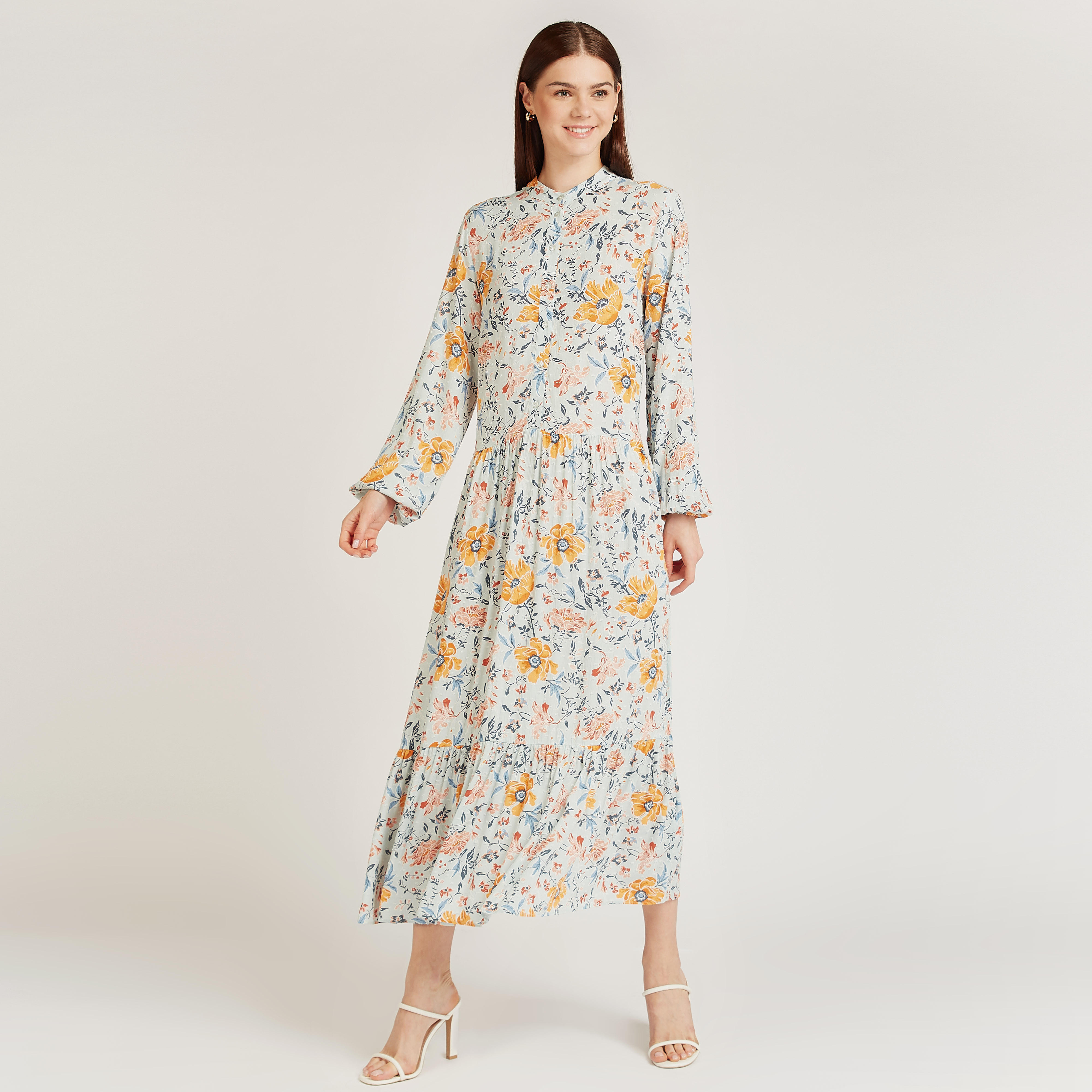فستان إيه لاين طويل بياقة ماندرين وأكمام بيشوب وطبعات أزهار-women-clothing-dresses-image-1