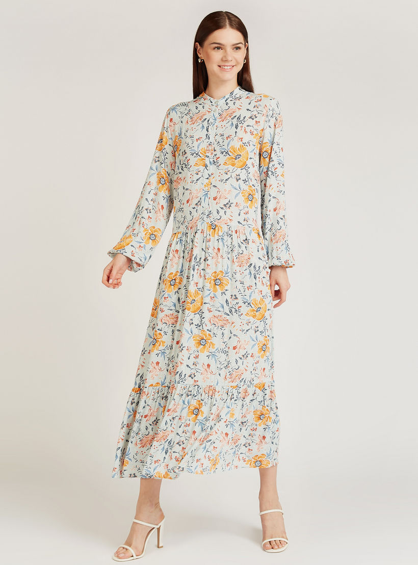 فستان إيه لاين طويل بياقة ماندرين وأكمام بيشوب وطبعات أزهار-women-clothing-dresses-image-1