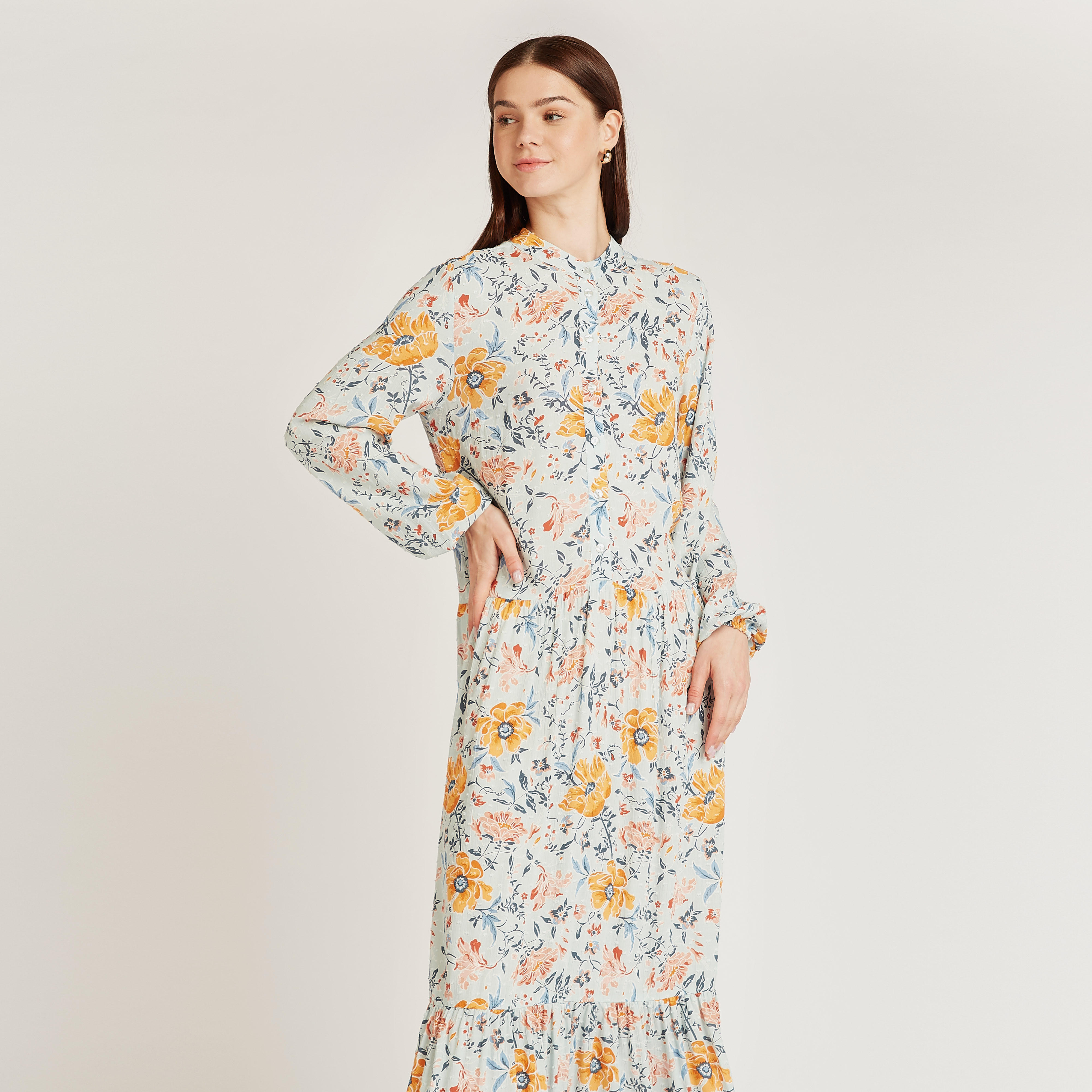 فستان إيه لاين طويل بياقة ماندرين وأكمام بيشوب وطبعات أزهار-women-clothing-dresses-image-2