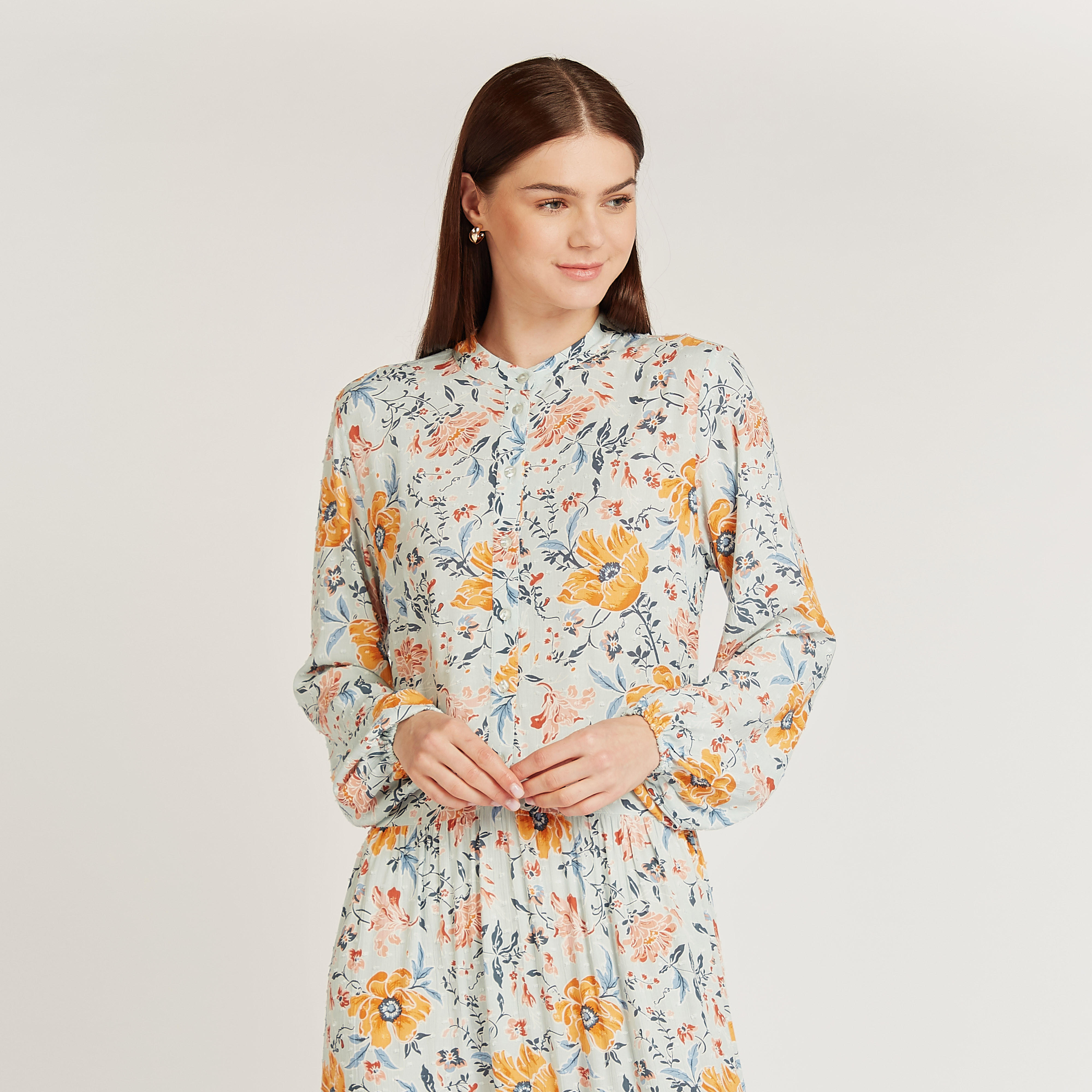 فستان إيه لاين طويل بياقة ماندرين وأكمام بيشوب وطبعات أزهار-women-clothing-dresses-image-4