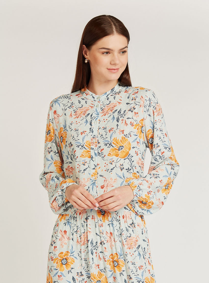 فستان إيه لاين طويل بياقة ماندرين وأكمام بيشوب وطبعات أزهار-women-clothing-dresses-image-4