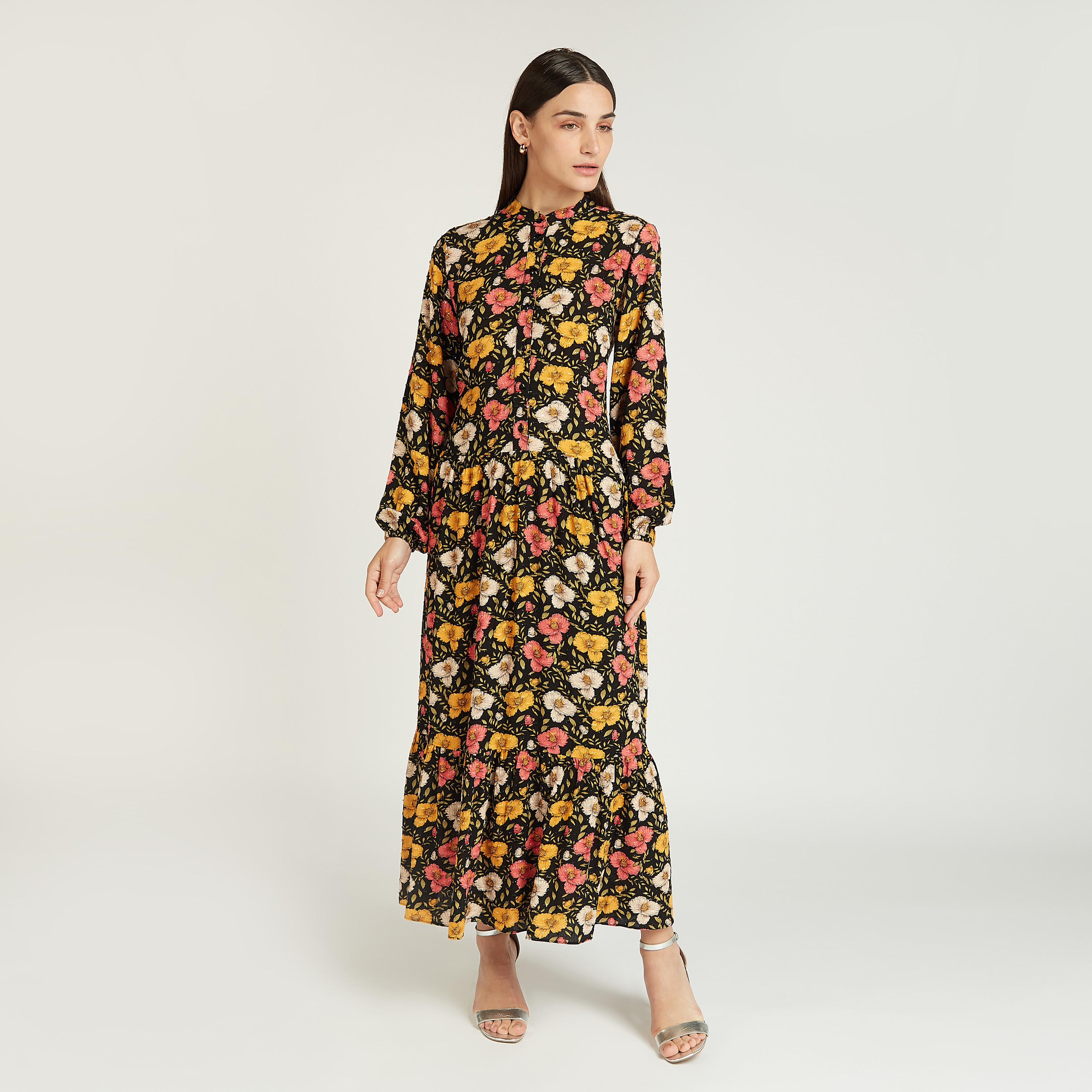 فستان طويل بياقة ماندارين وأكمام بيشوب وطبعات زهرية-women-clothing-dresses-image-1