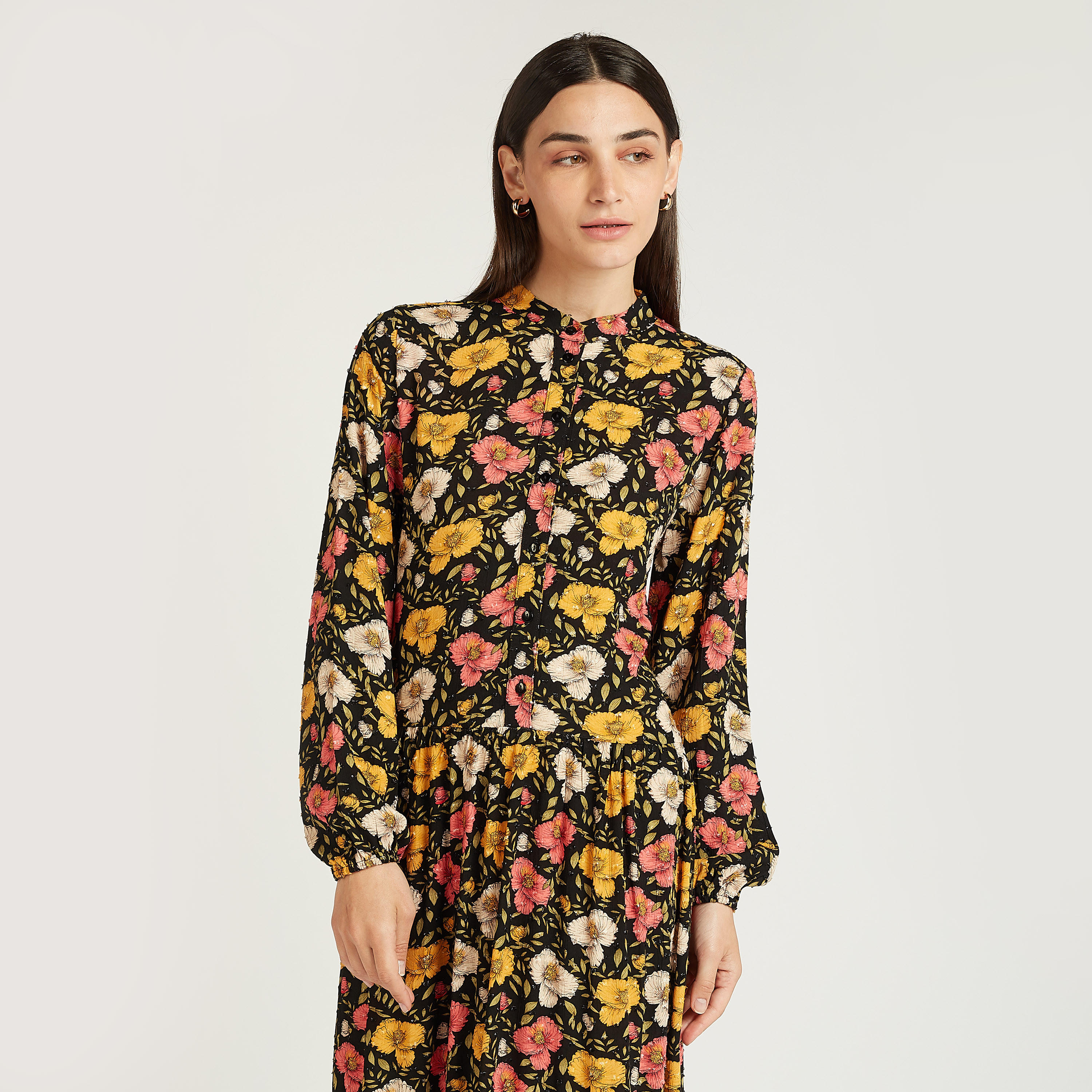 فستان طويل بياقة ماندارين وأكمام بيشوب وطبعات زهرية-women-clothing-dresses-image-2