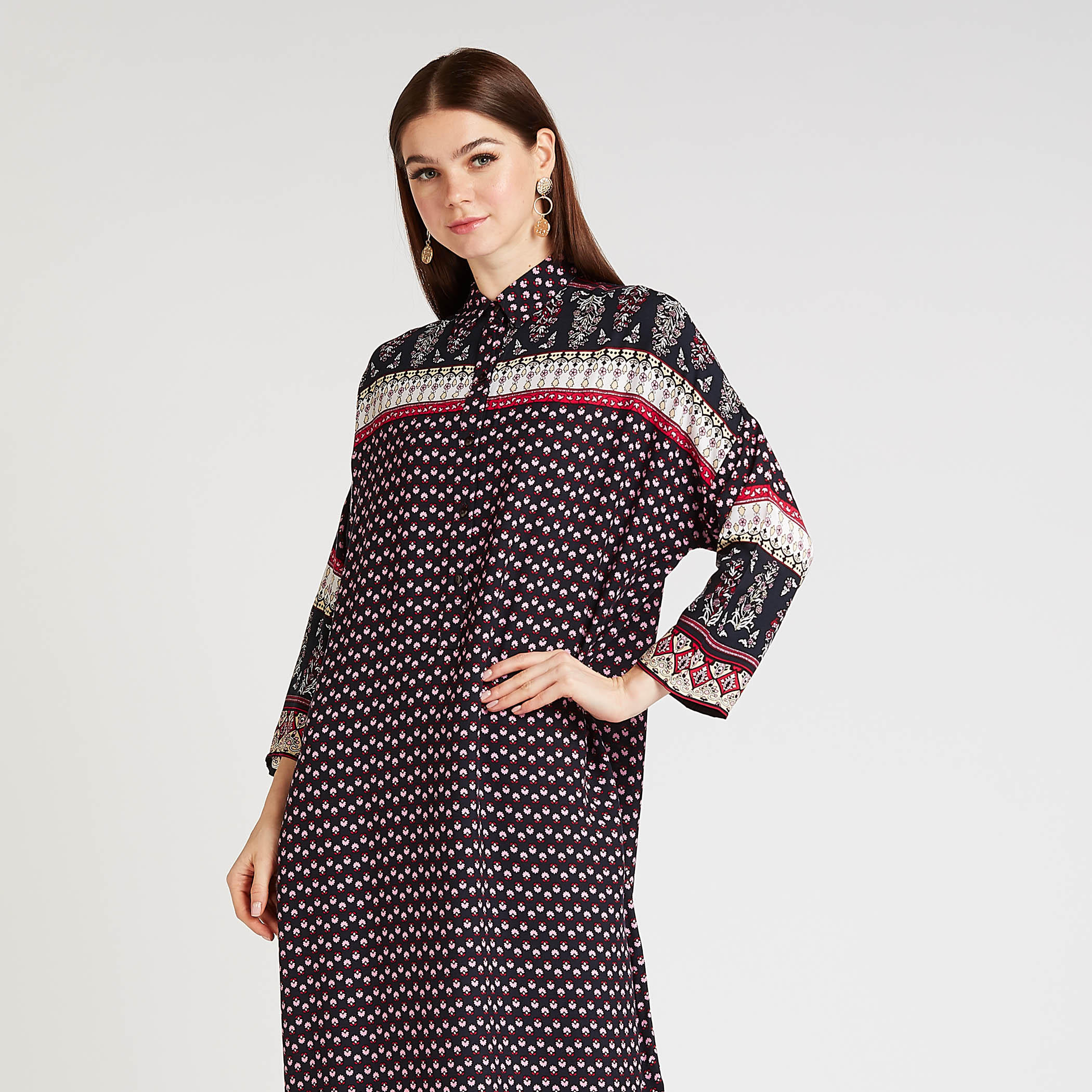 فستان قميص ميدي بأكمام 3/4 وياقة واسعة وطبعات-women-clothing-dresses-image-2