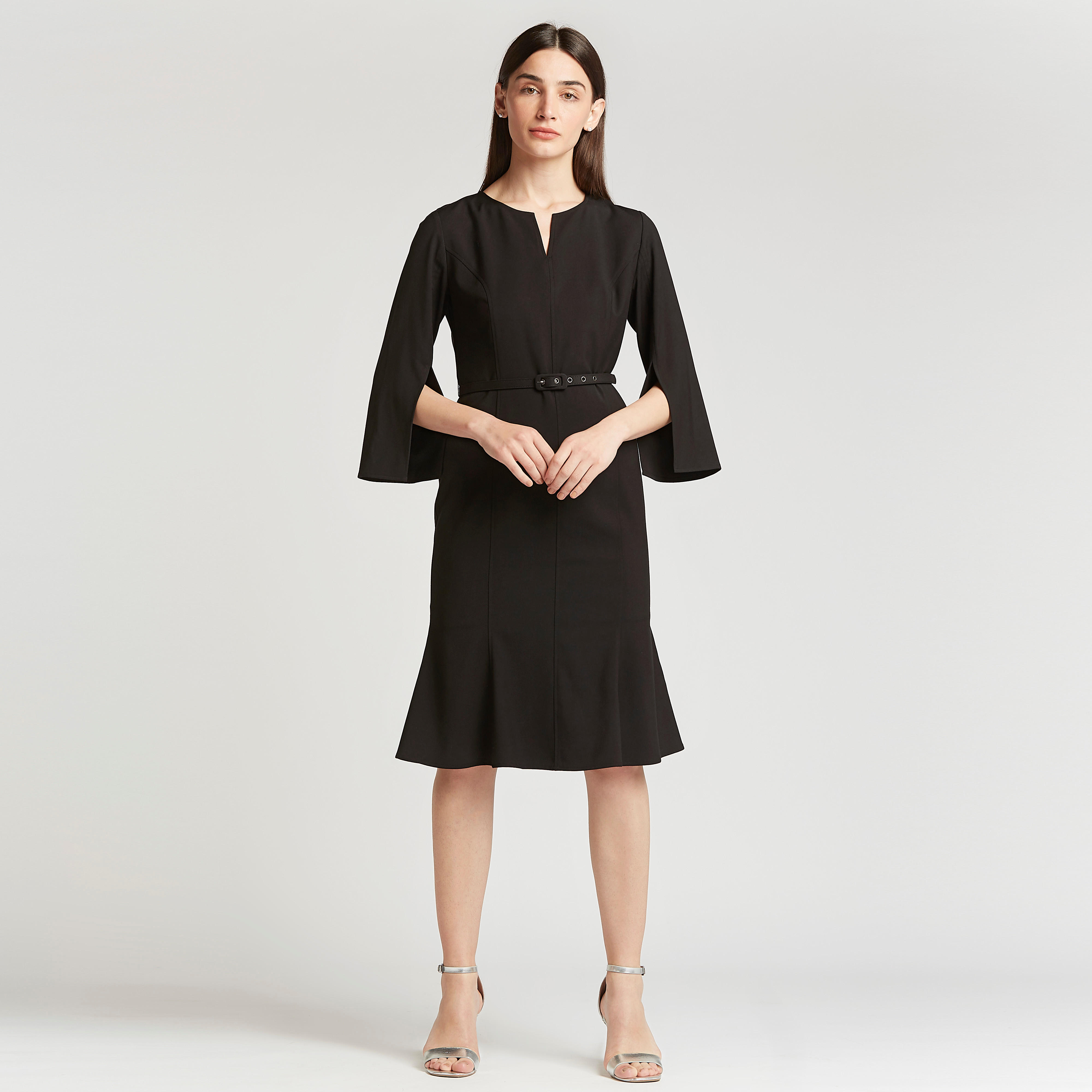 فستان رسمي ميدي إيه لاين سادة وأكمام 3/4 وحزام-women-clothing-dresses-image-1