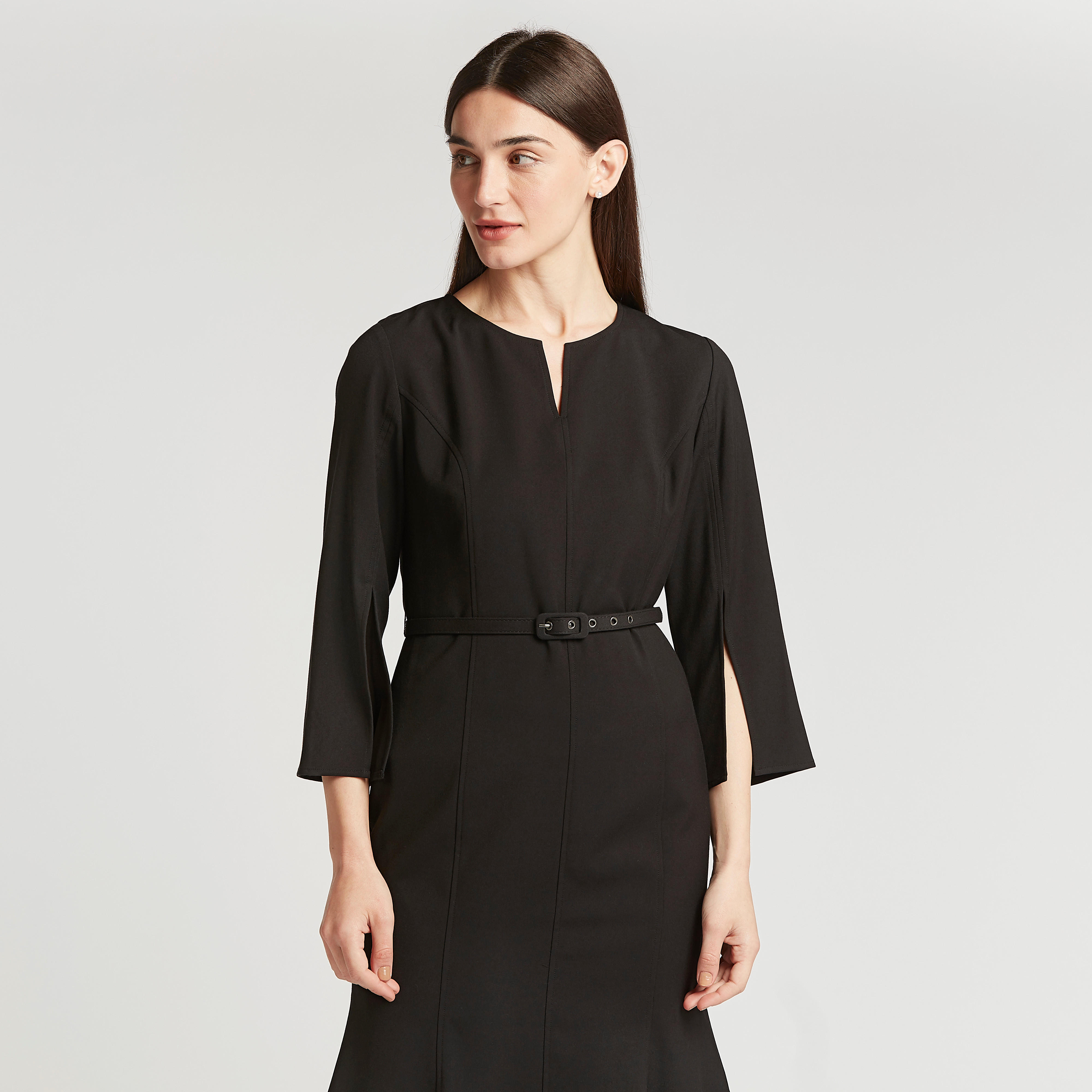 فستان رسمي ميدي إيه لاين سادة وأكمام 3/4 وحزام-women-clothing-dresses-image-2