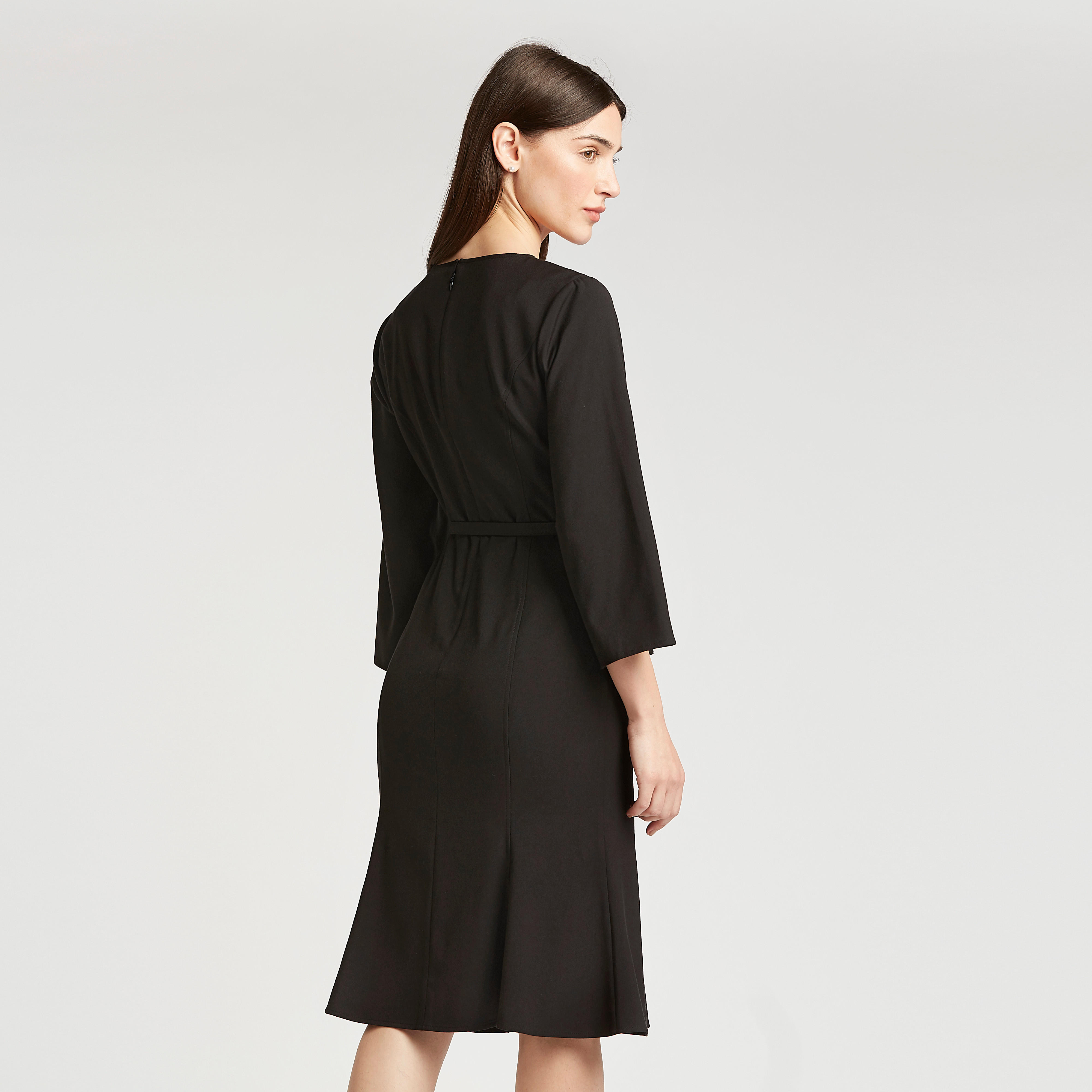 فستان رسمي ميدي إيه لاين سادة وأكمام 3/4 وحزام-women-clothing-dresses-image-3