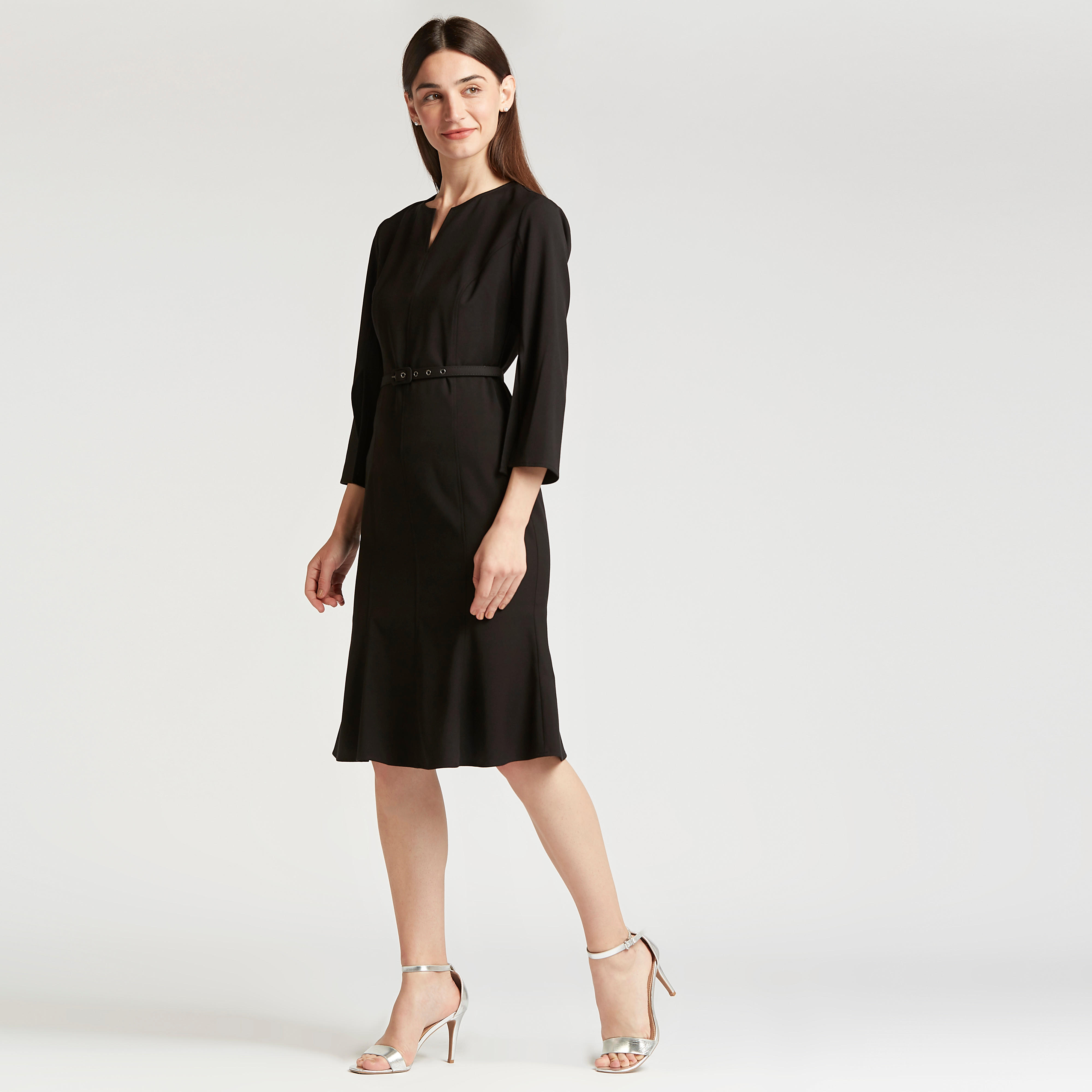 فستان رسمي ميدي إيه لاين سادة وأكمام 3/4 وحزام-women-clothing-dresses-image-4