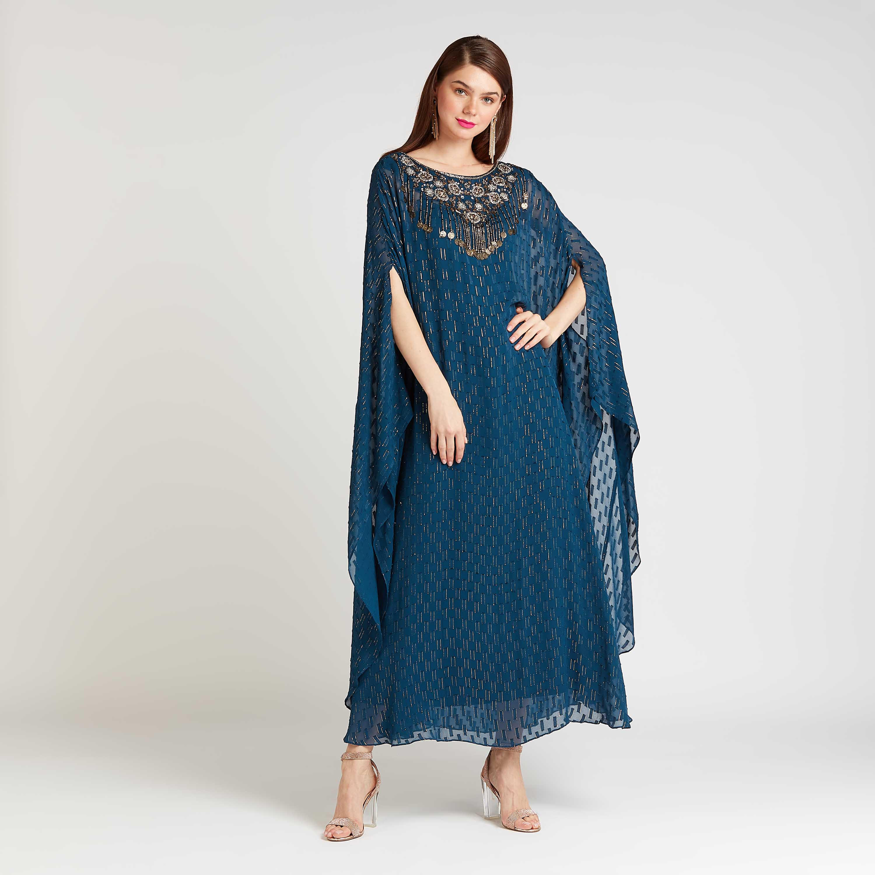 فستان قفطان إيه لاين طويل مزيّن بأكمام كاب-women-clothing-dresses-image-1