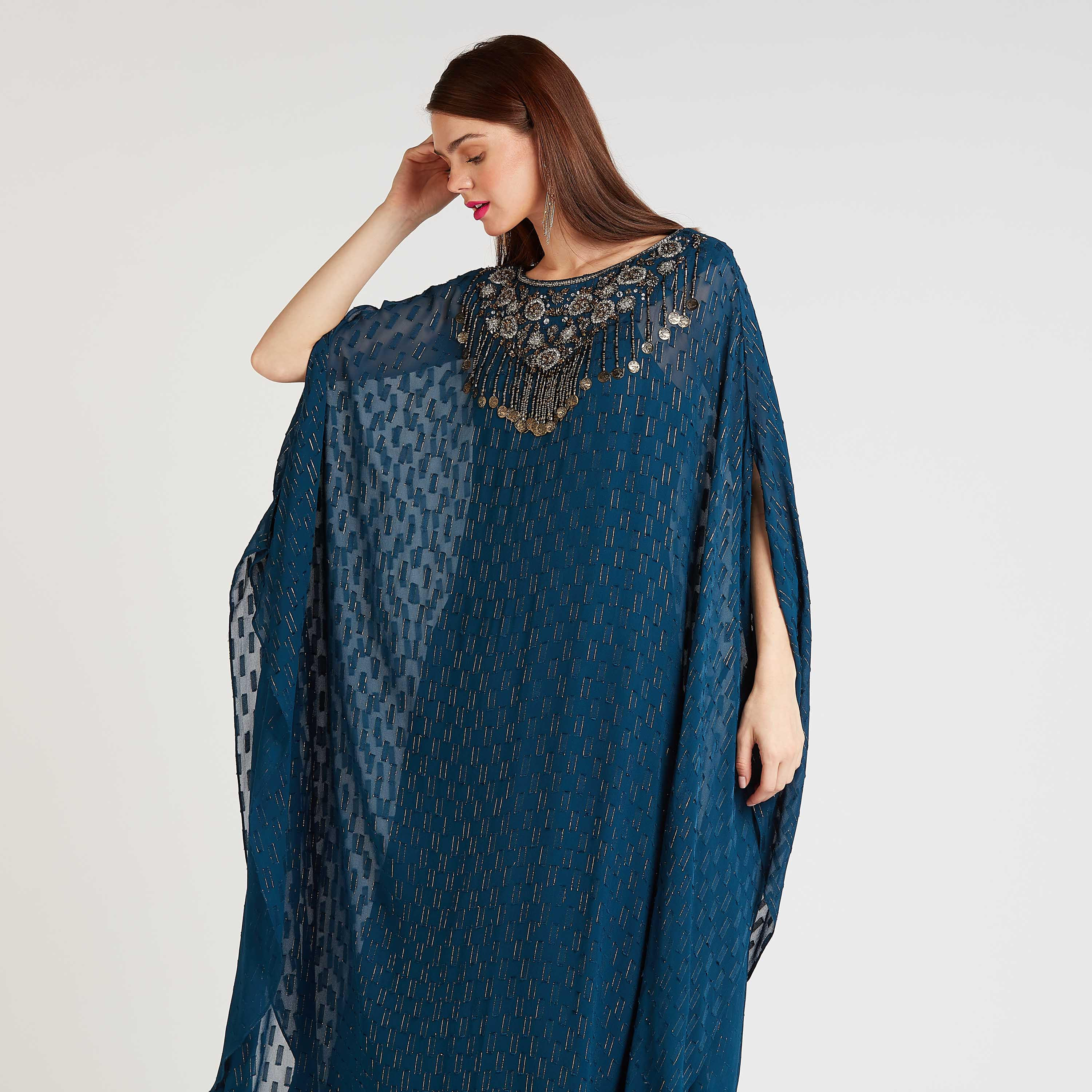 فستان قفطان إيه لاين طويل مزيّن بأكمام كاب-women-clothing-dresses-image-2