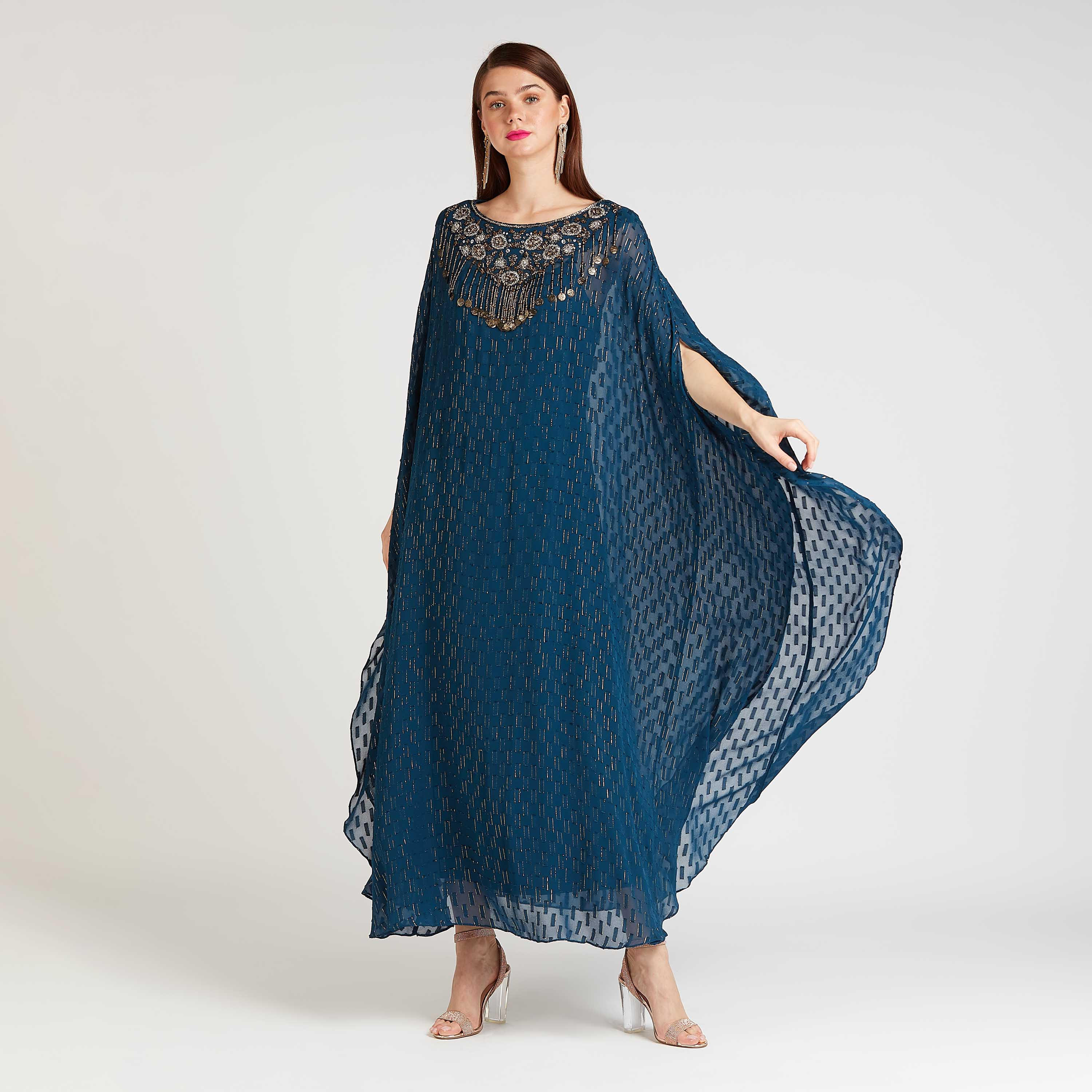 فستان قفطان إيه لاين طويل مزيّن بأكمام كاب-women-clothing-dresses-image-4