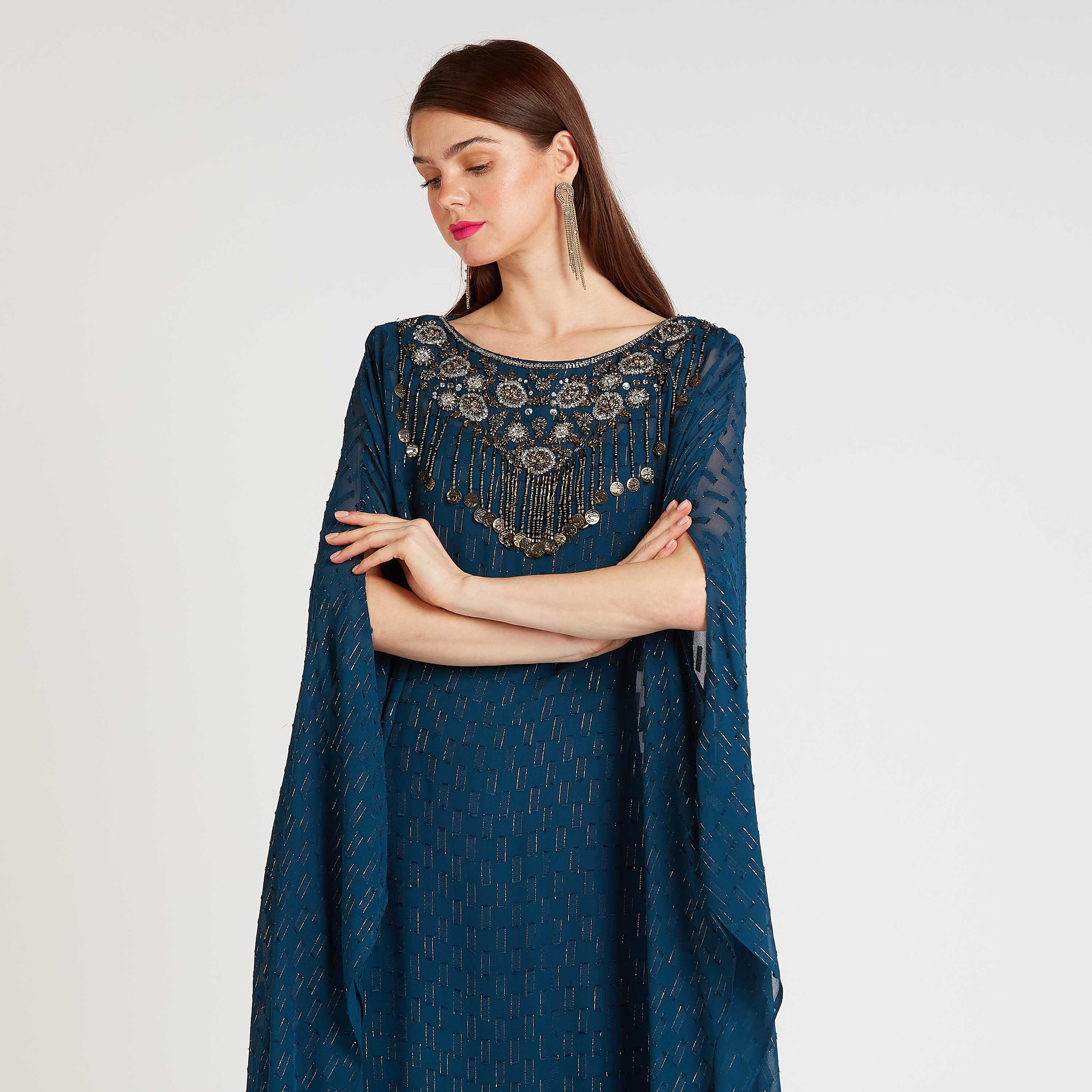 فستان قفطان إيه لاين طويل مزيّن بأكمام كاب-women-clothing-dresses-image-6
