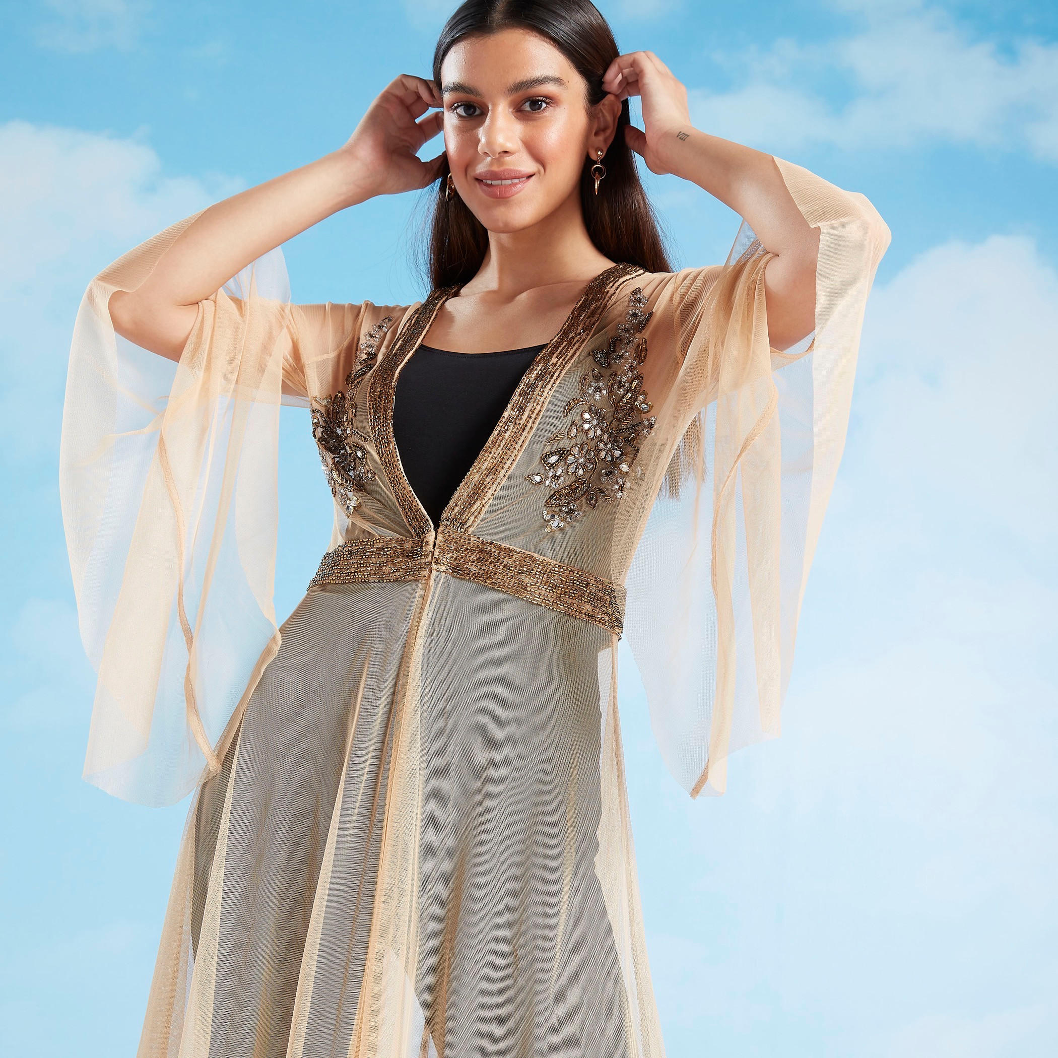Embellished Longline Jacket with Flared Sleeves-women-winterwear-coatsandjackets-jackets-image-1