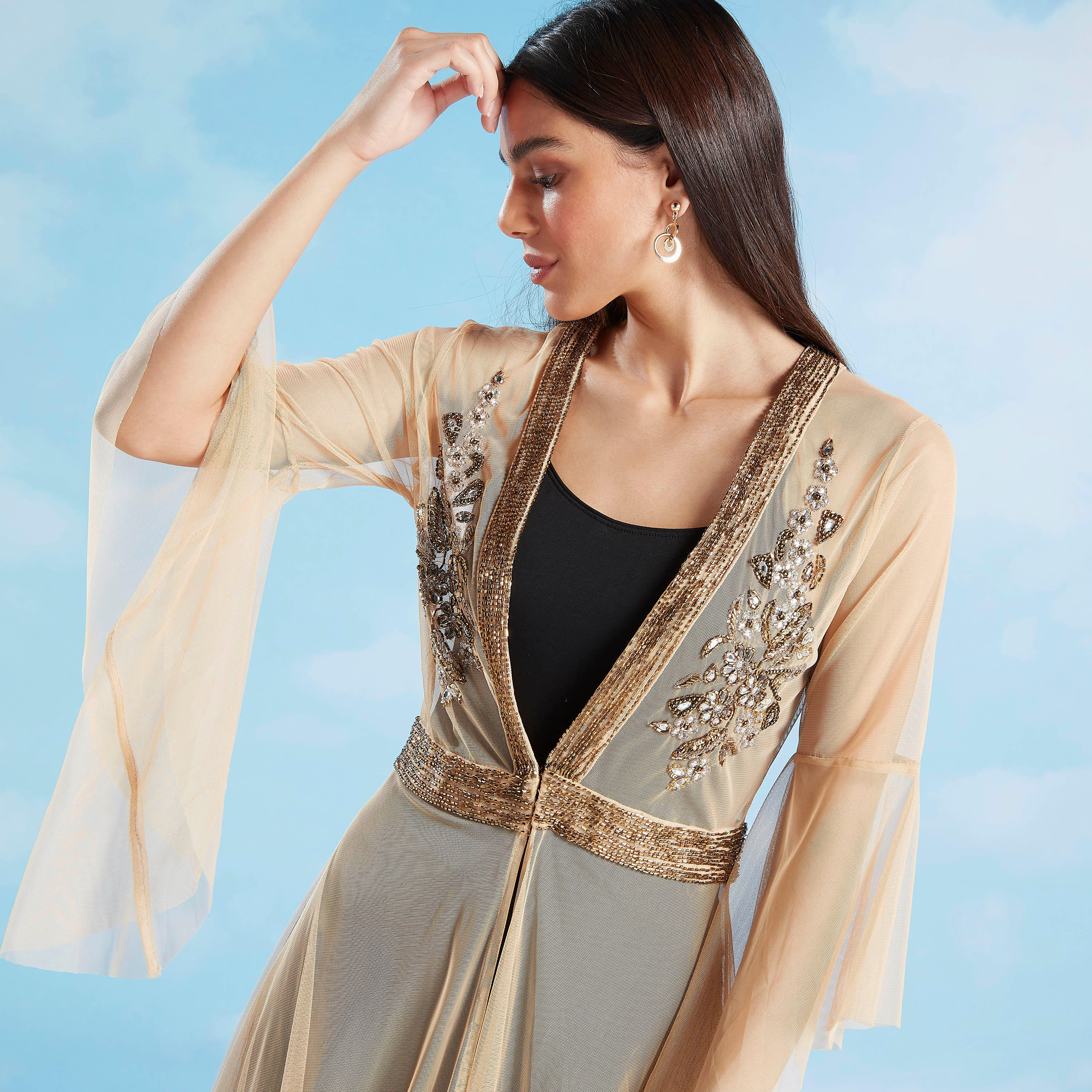 Embellished Longline Jacket with Flared Sleeves-women-winterwear-coatsandjackets-jackets-image-3