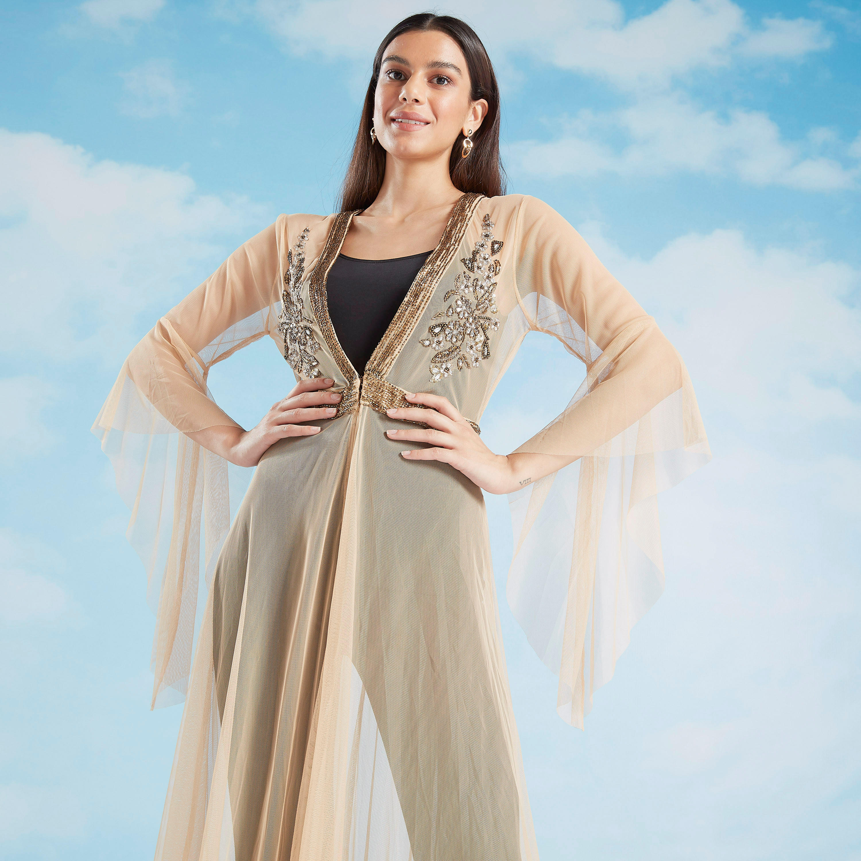 Embellished Longline Jacket with Flared Sleeves-women-winterwear-coatsandjackets-jackets-image-6