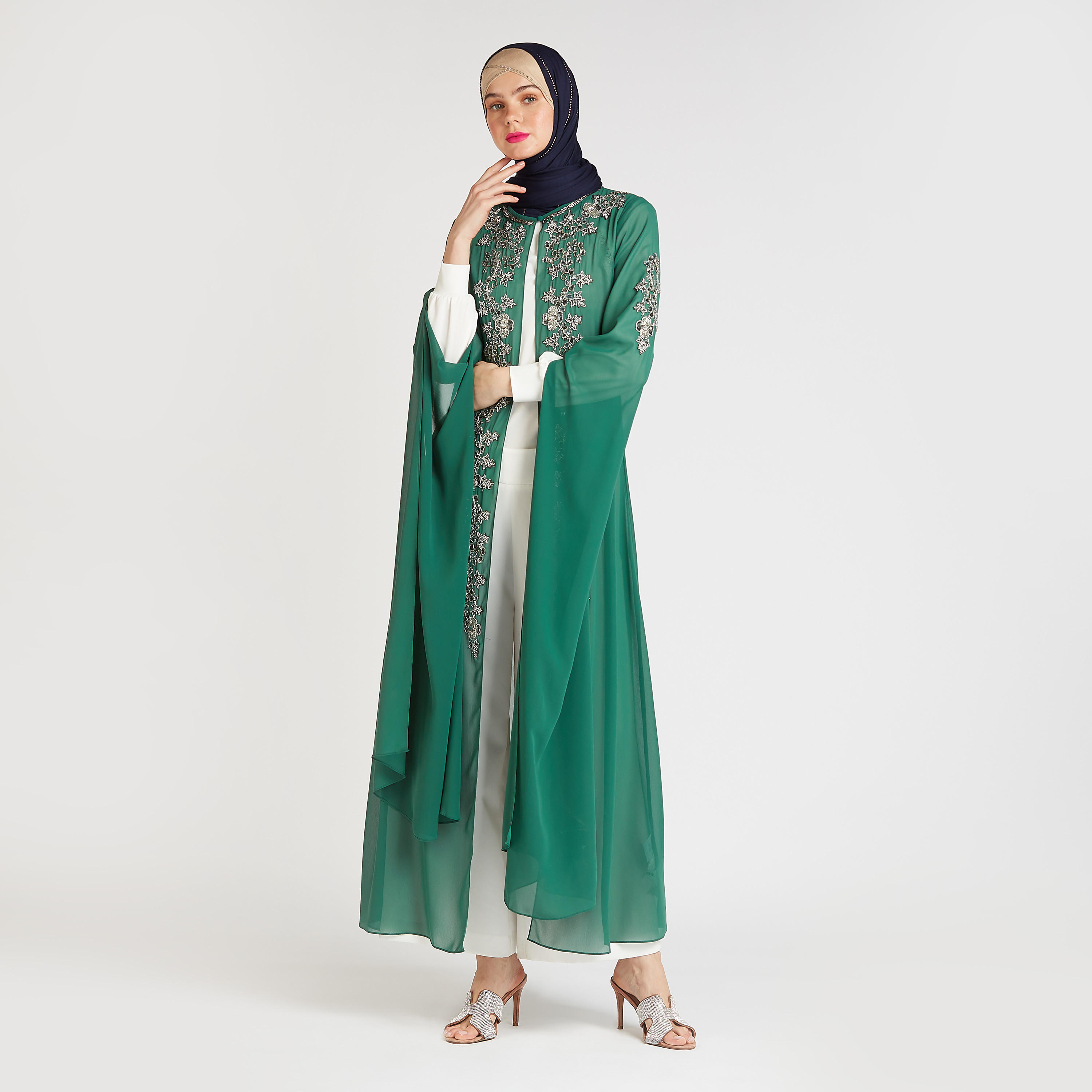 Embellished Longline Jacket with Cape Sleeves-women-winterwear-coatsandjackets-jackets-image-1