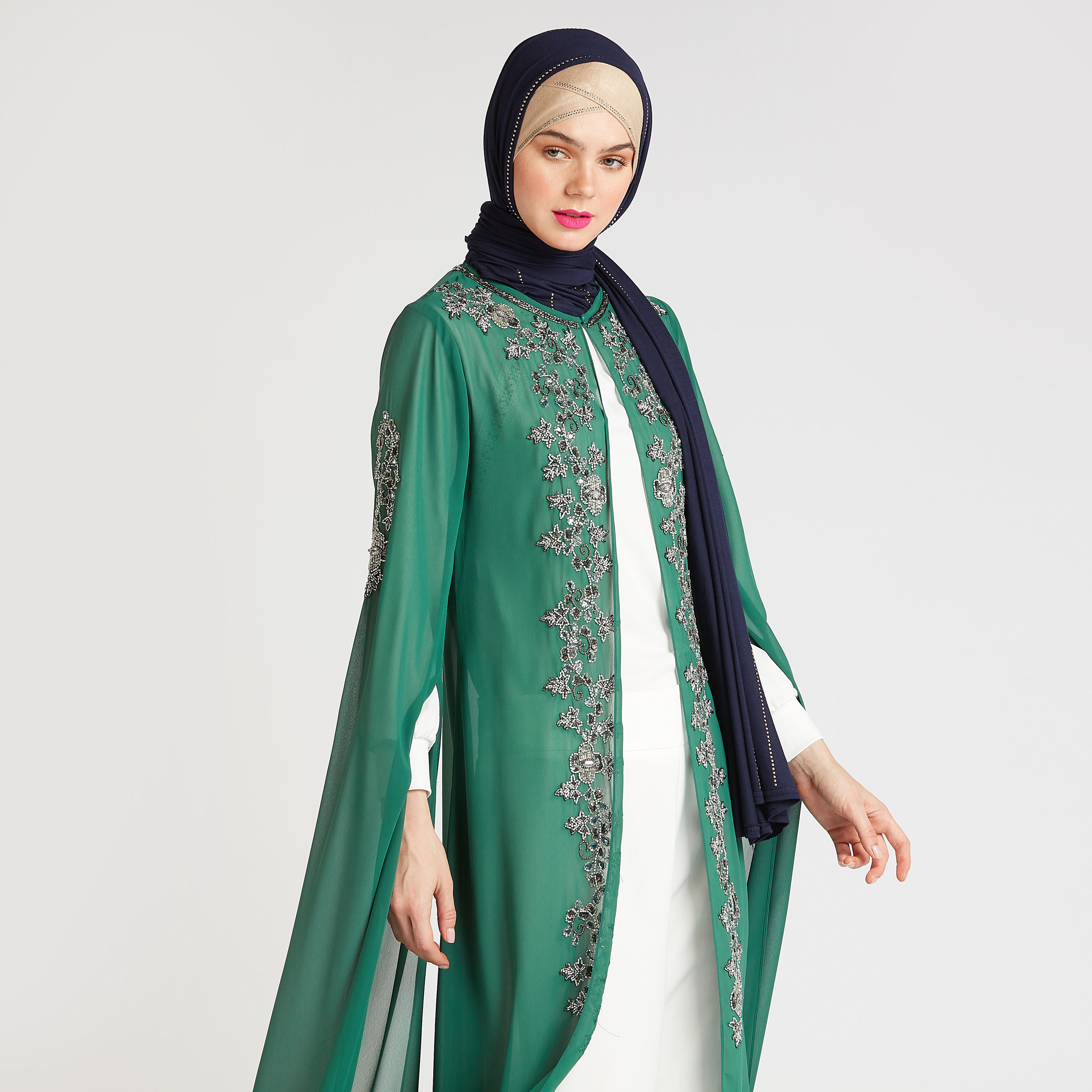Embellished Longline Jacket with Cape Sleeves-women-winterwear-coatsandjackets-jackets-image-2