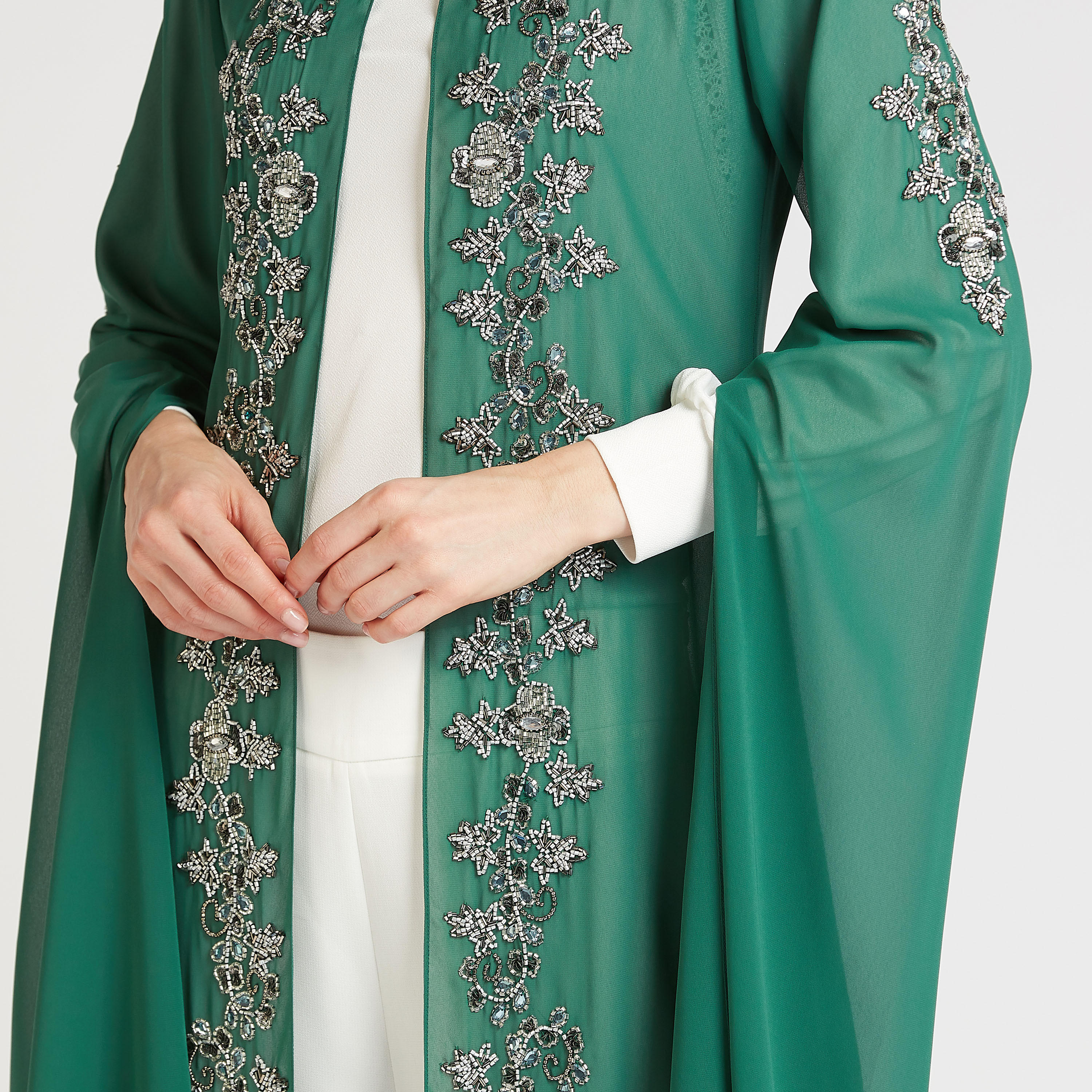 Embellished Longline Jacket with Cape Sleeves-women-winterwear-coatsandjackets-jackets-image-4