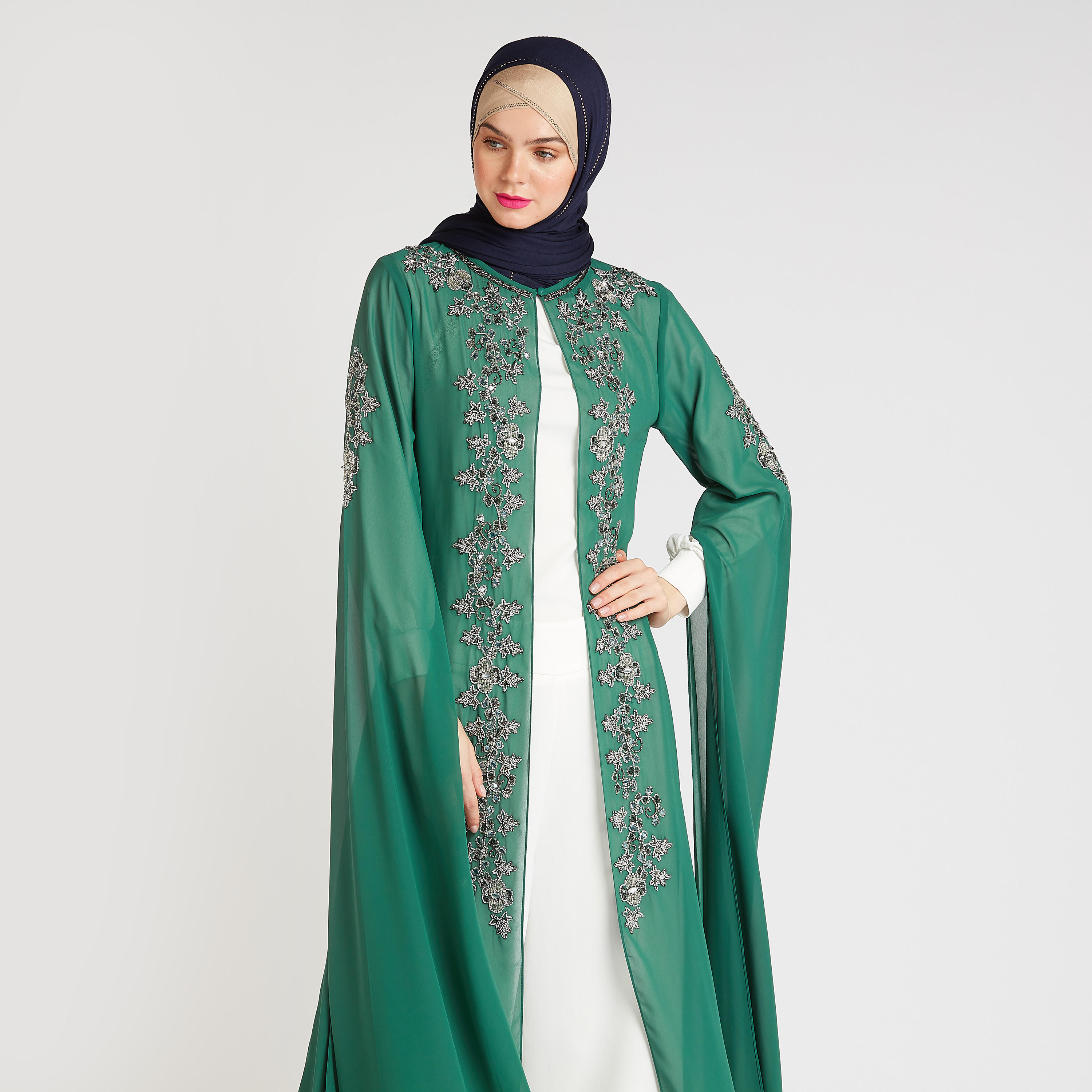 Embellished Longline Jacket with Cape Sleeves-women-winterwear-coatsandjackets-jackets-image-7