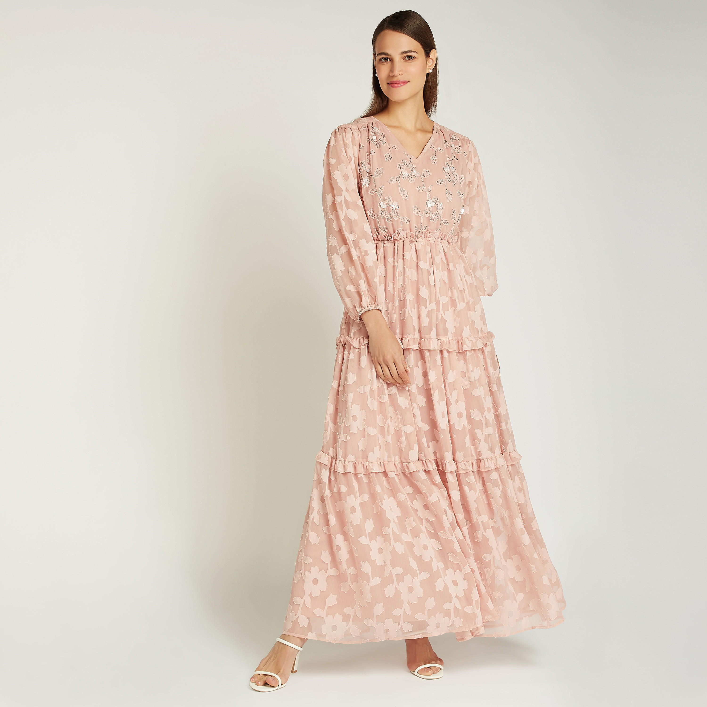 فستان إيه لاين طويل مزيّن بياقة V وأكمام طويلة-women-clothing-dresses-image-1