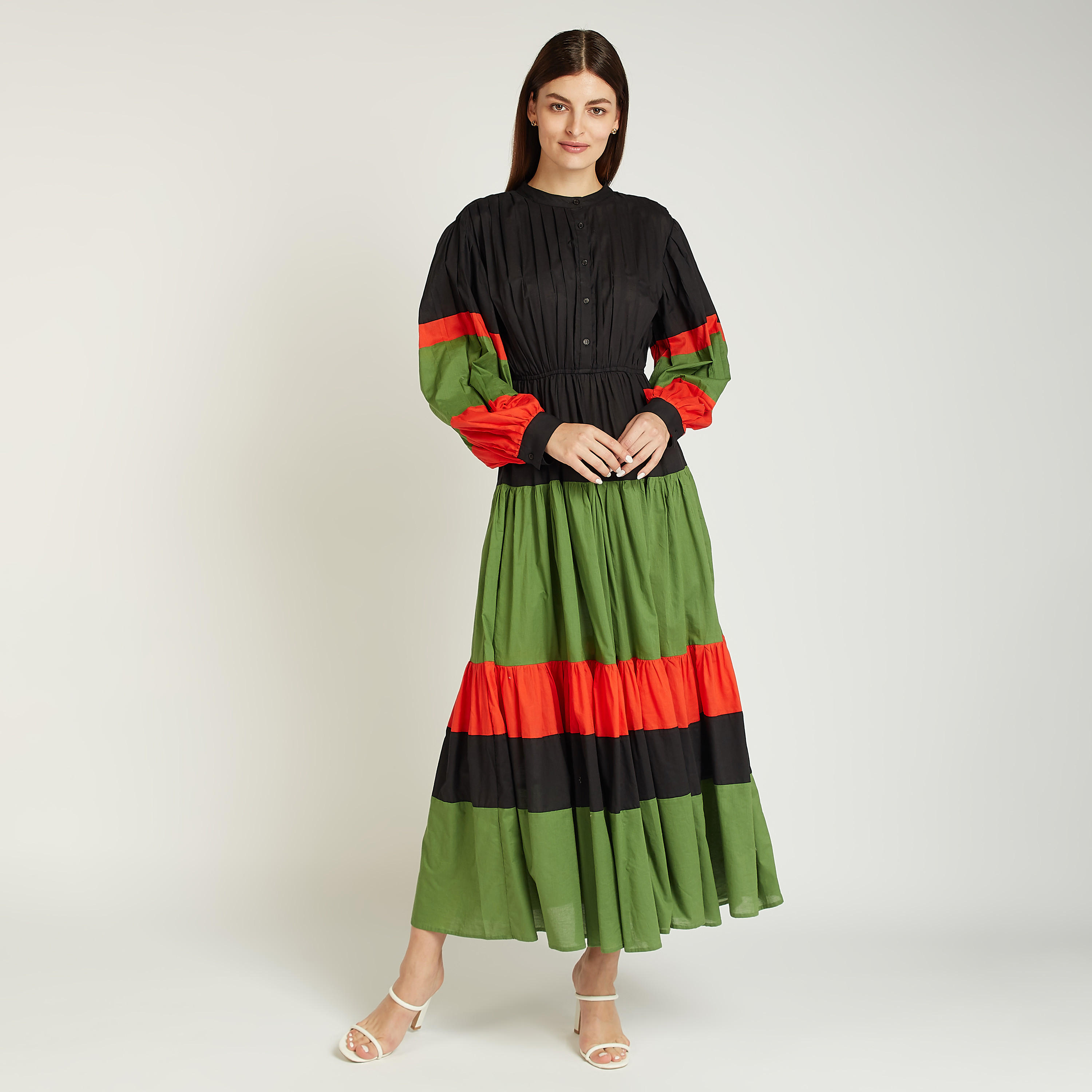 فستان إيه لاين طويل سادة بقوالب ملوّنة وأكمام طويلة-women-clothing-dresses-image-1