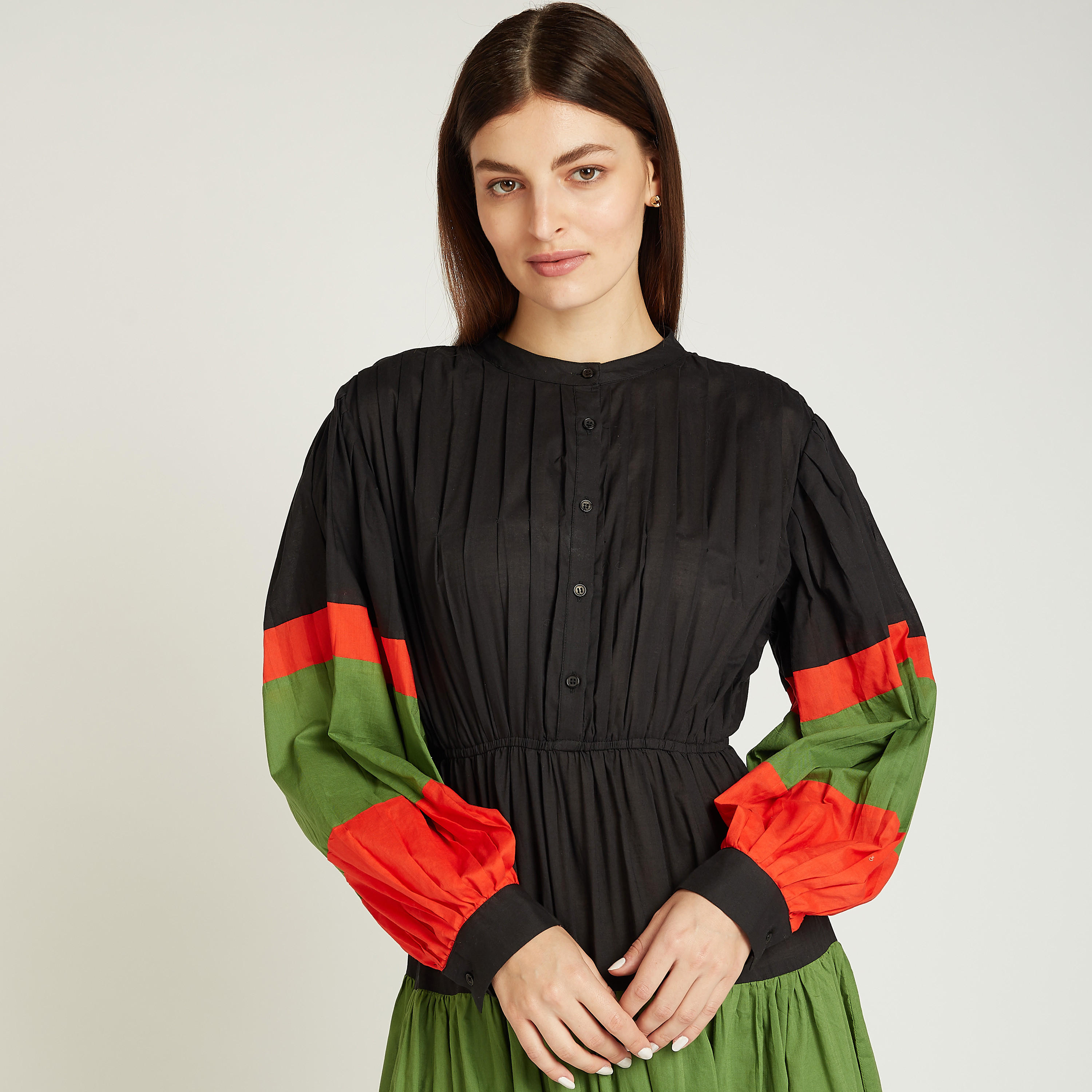فستان إيه لاين طويل سادة بقوالب ملوّنة وأكمام طويلة-women-clothing-dresses-image-2