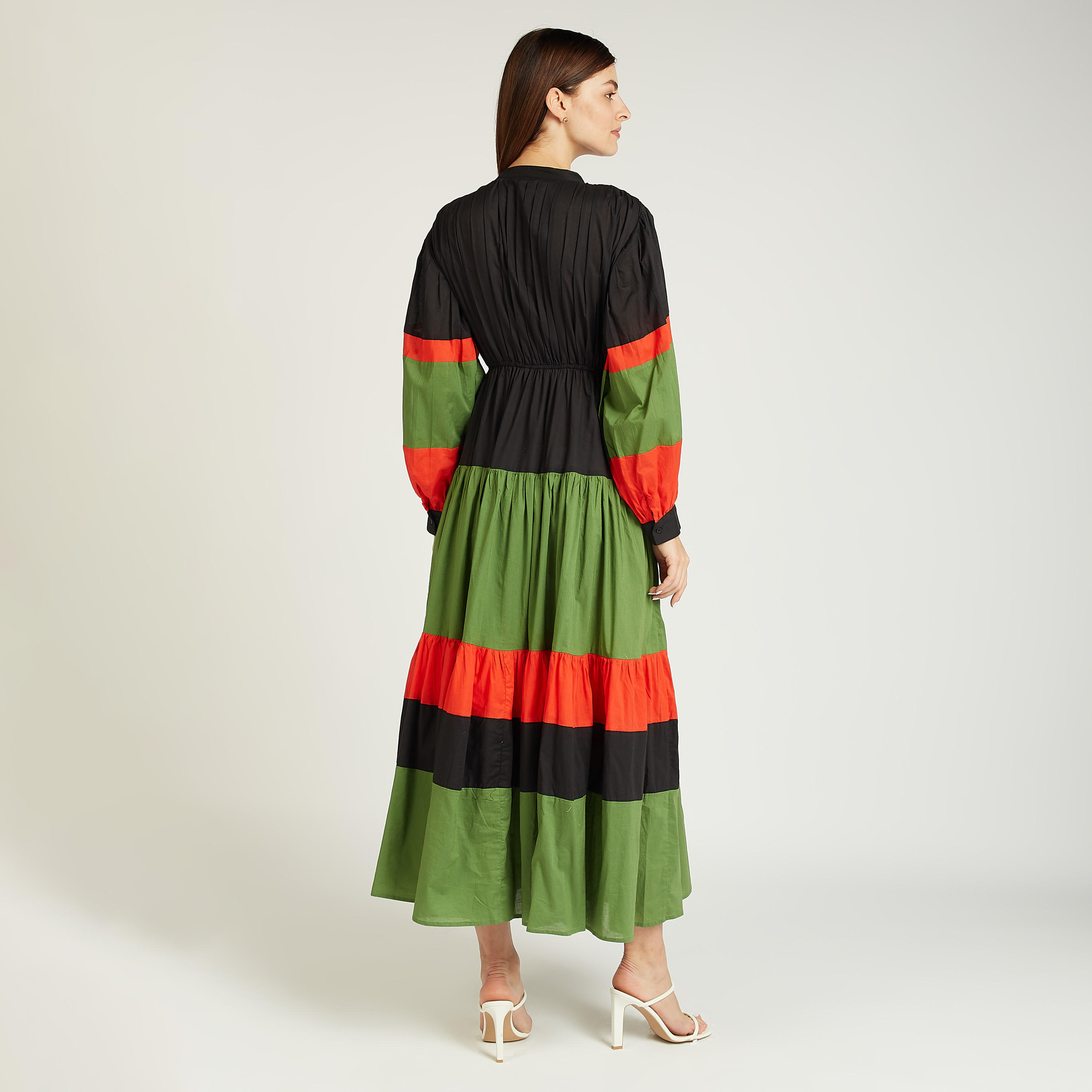 فستان إيه لاين طويل سادة بقوالب ملوّنة وأكمام طويلة-women-clothing-dresses-image-3
