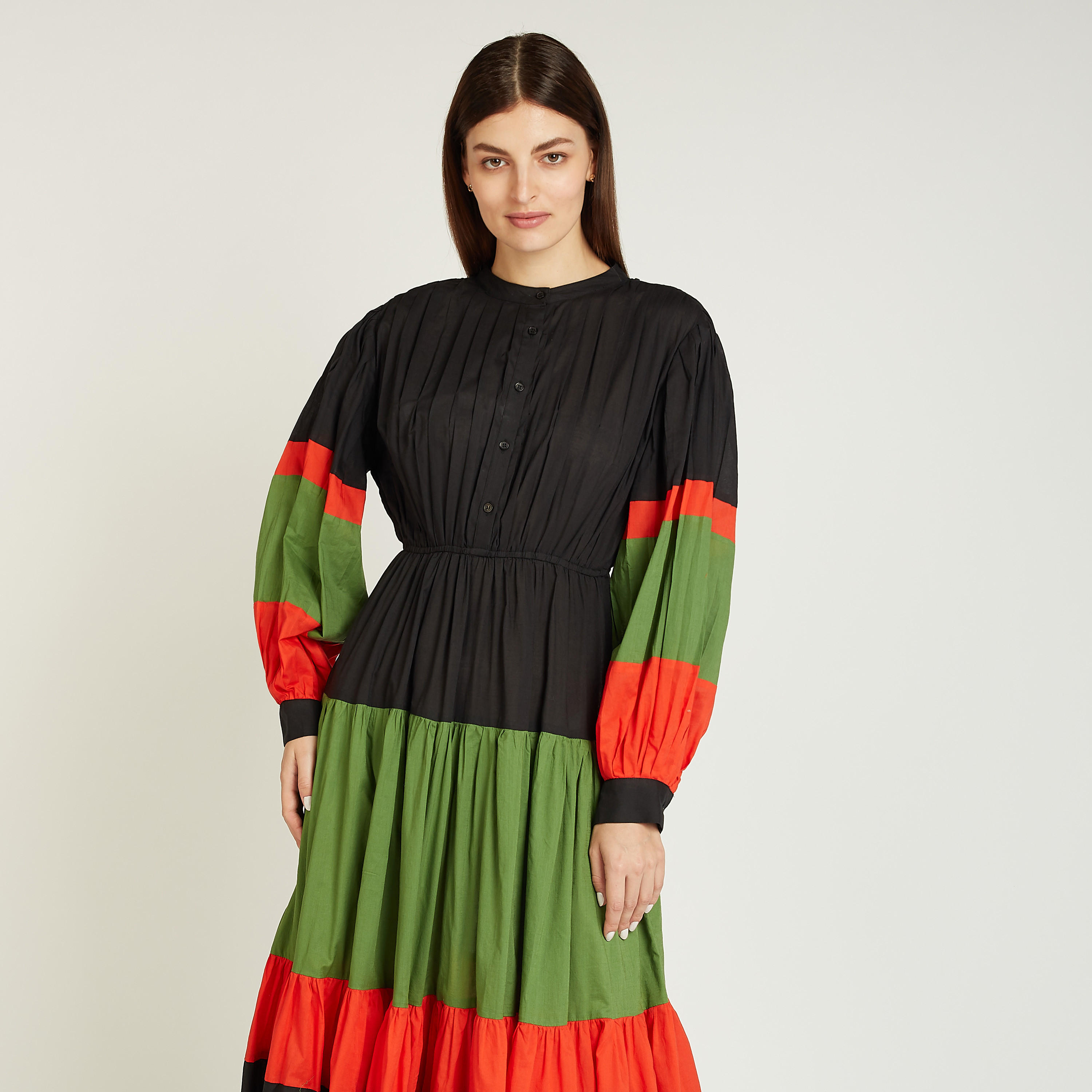 فستان إيه لاين طويل سادة بقوالب ملوّنة وأكمام طويلة-women-clothing-dresses-image-4