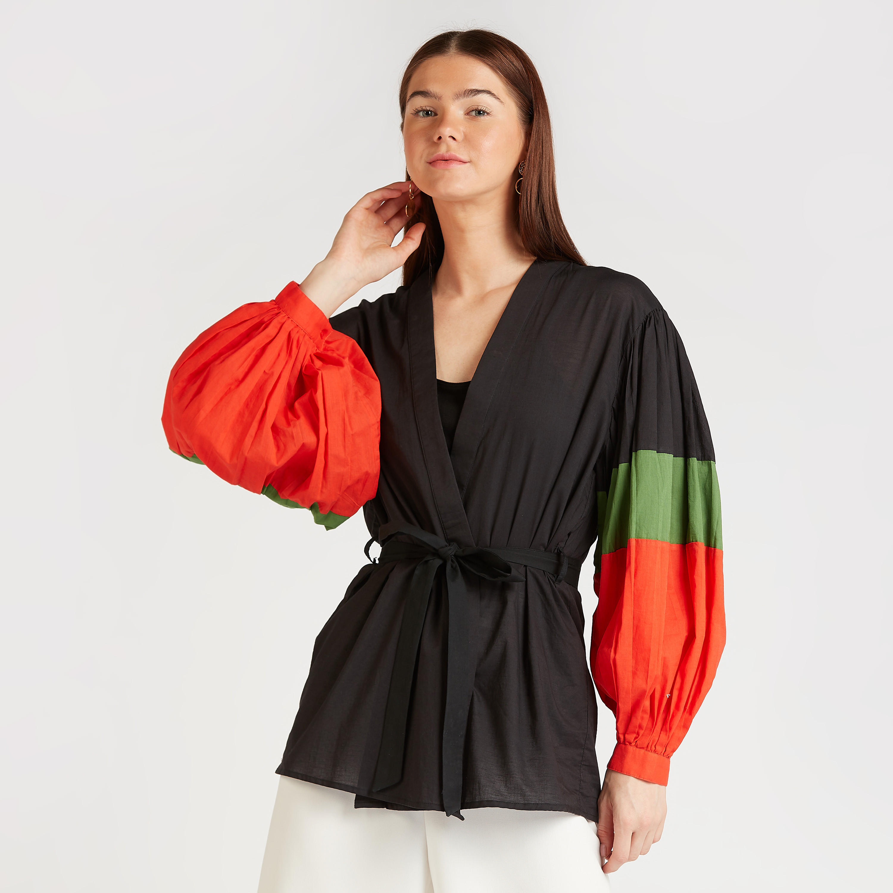 Solid Jacket with Colourblock Bishop Sleeves and Tie Ups-women-winterwear-coatsandjackets-jackets-image-1