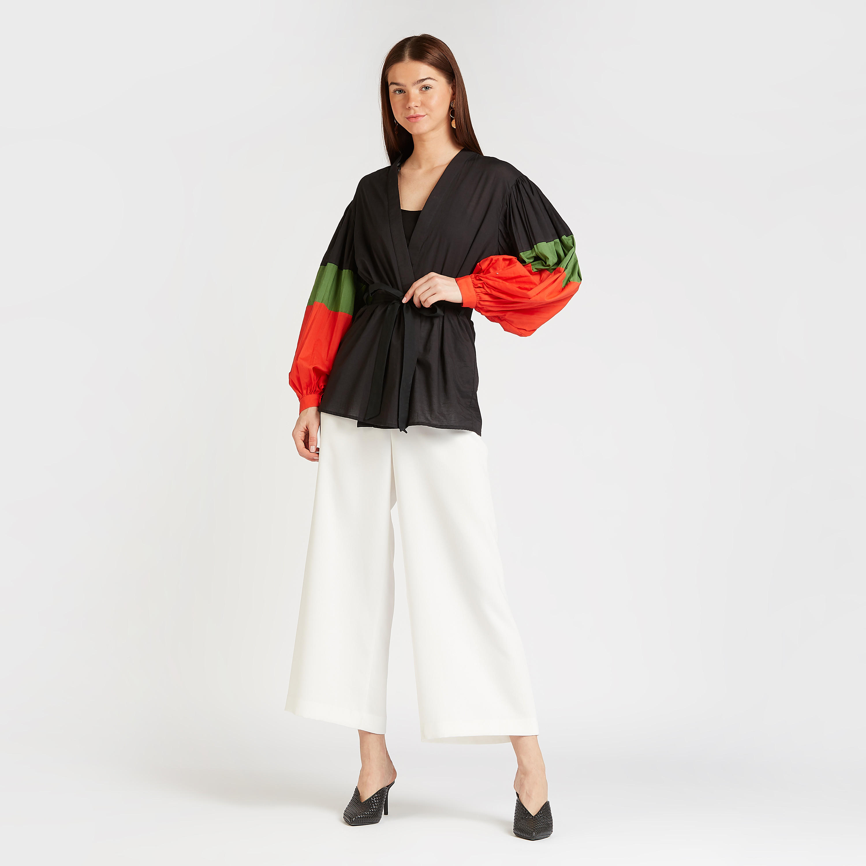 Solid Jacket with Colourblock Bishop Sleeves and Tie Ups-women-winterwear-coatsandjackets-jackets-image-2