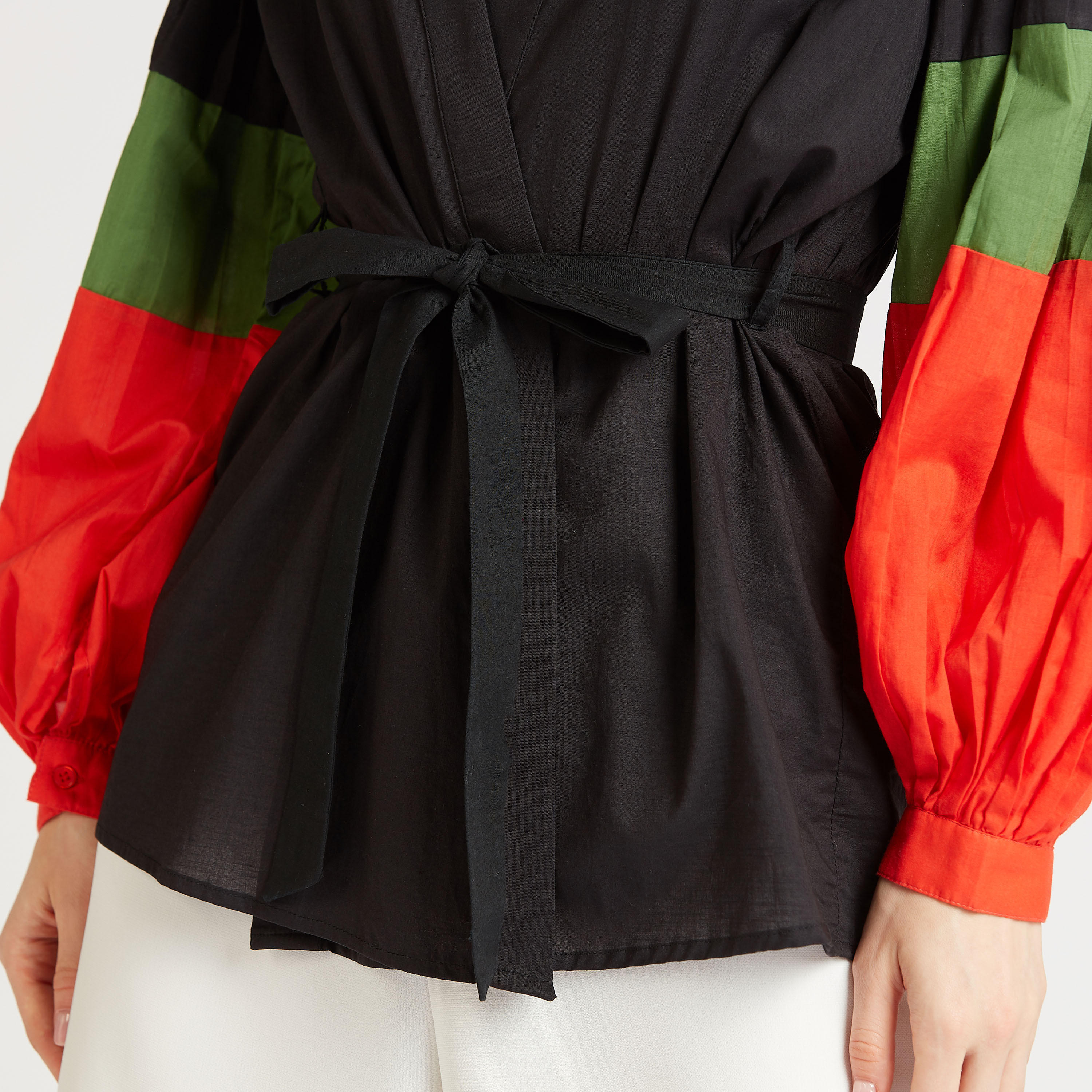 Solid Jacket with Colourblock Bishop Sleeves and Tie Ups-women-winterwear-coatsandjackets-jackets-image-3