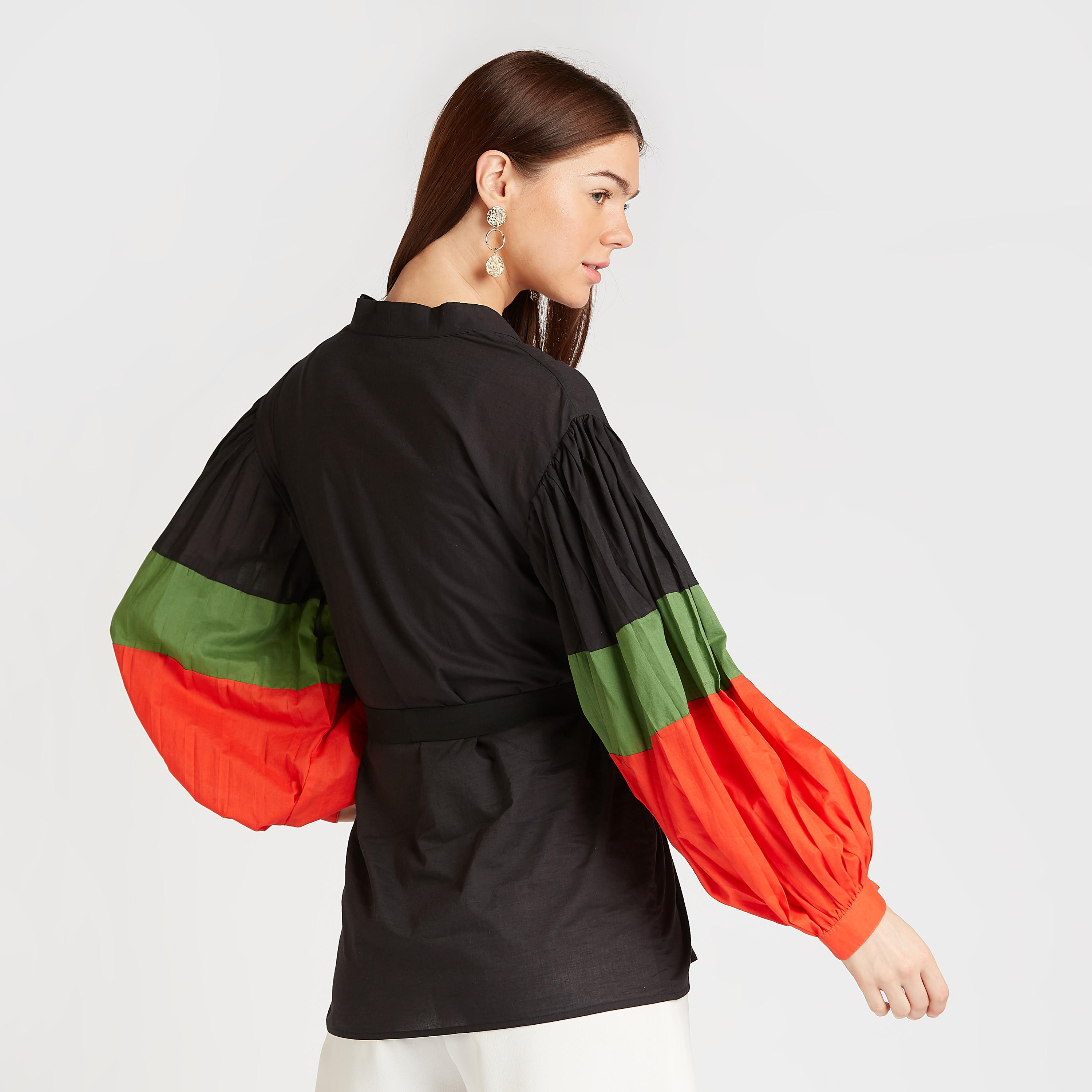 Solid Jacket with Colourblock Bishop Sleeves and Tie Ups-women-winterwear-coatsandjackets-jackets-image-4