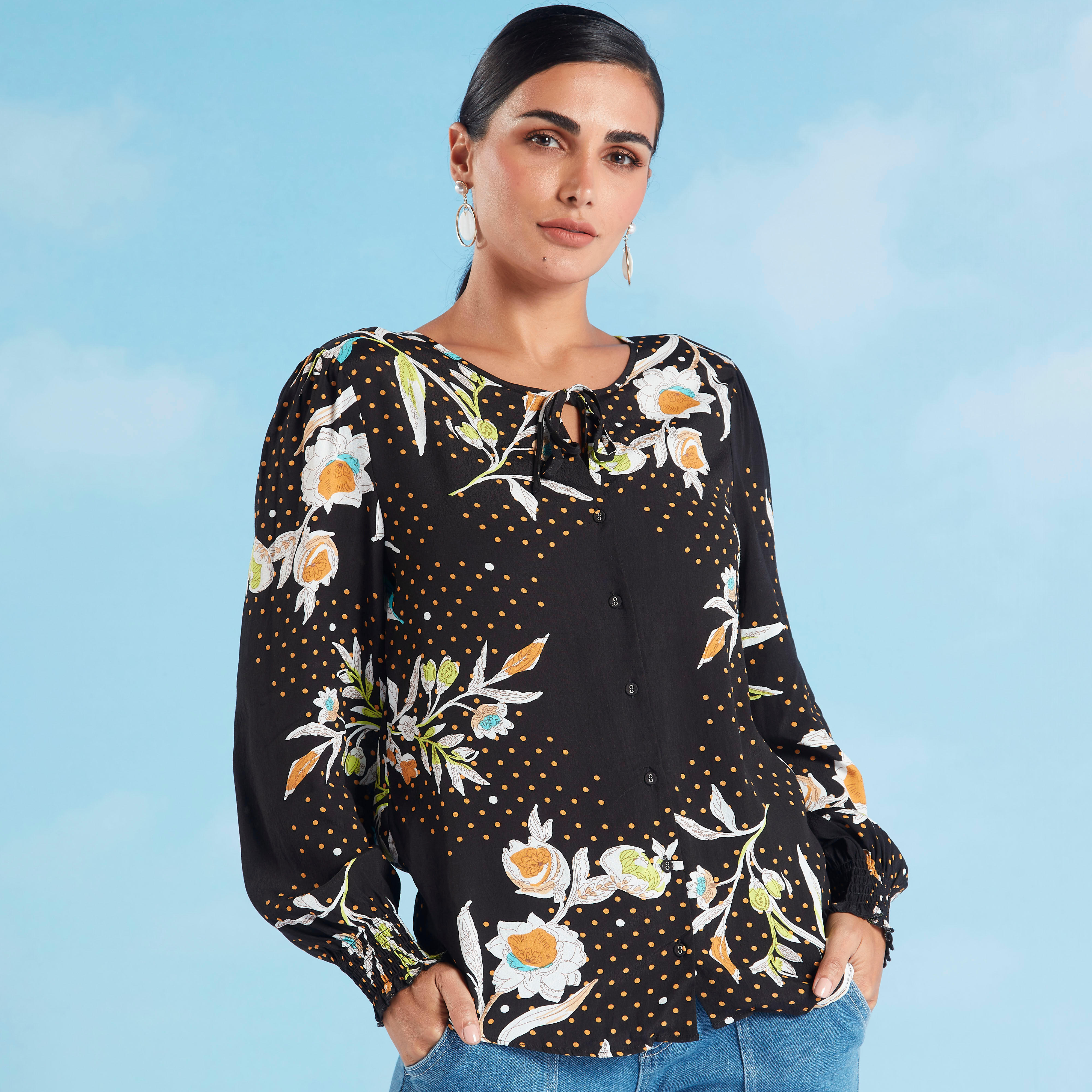 Printed Top with Long Sleeves and Tie Ups-women-clothing-shirtsandblouses-blouses-image-1