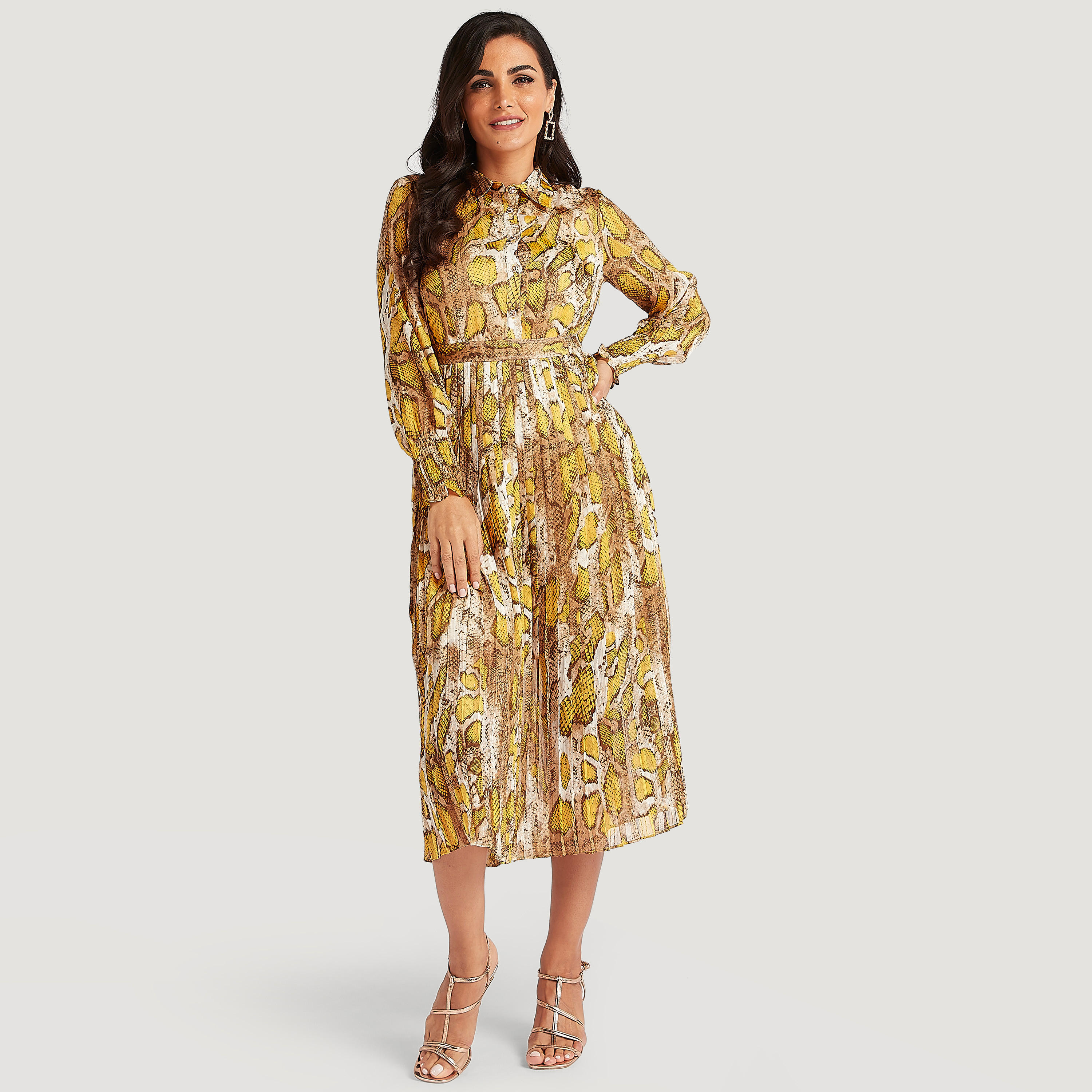 Animal Print Midi A-line Dress with Collar-women-clothing-dresses-image-1