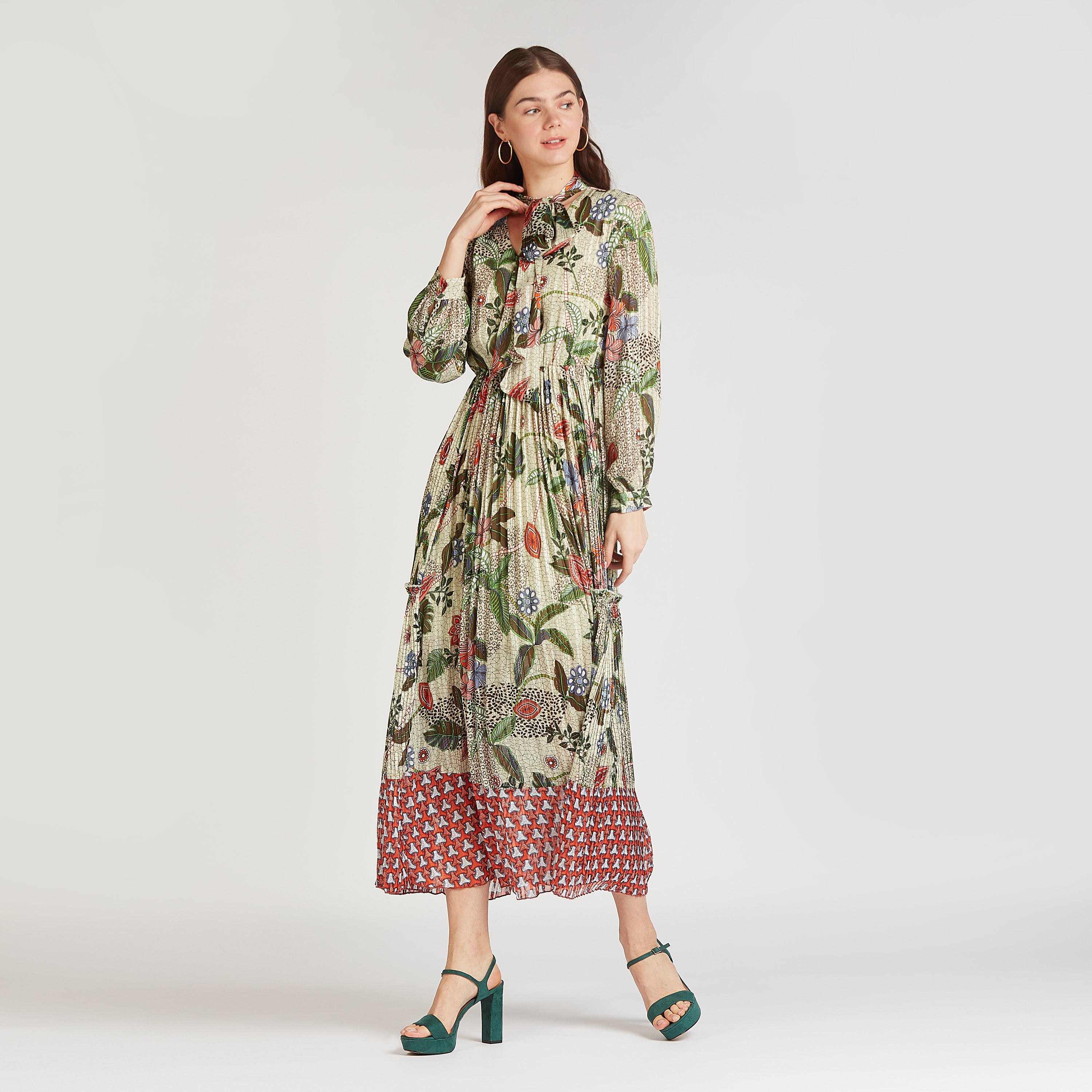 Printed Maxi A-line Dress with Long Sleeves and Tie Ups-women-clothing-dresses-image-1