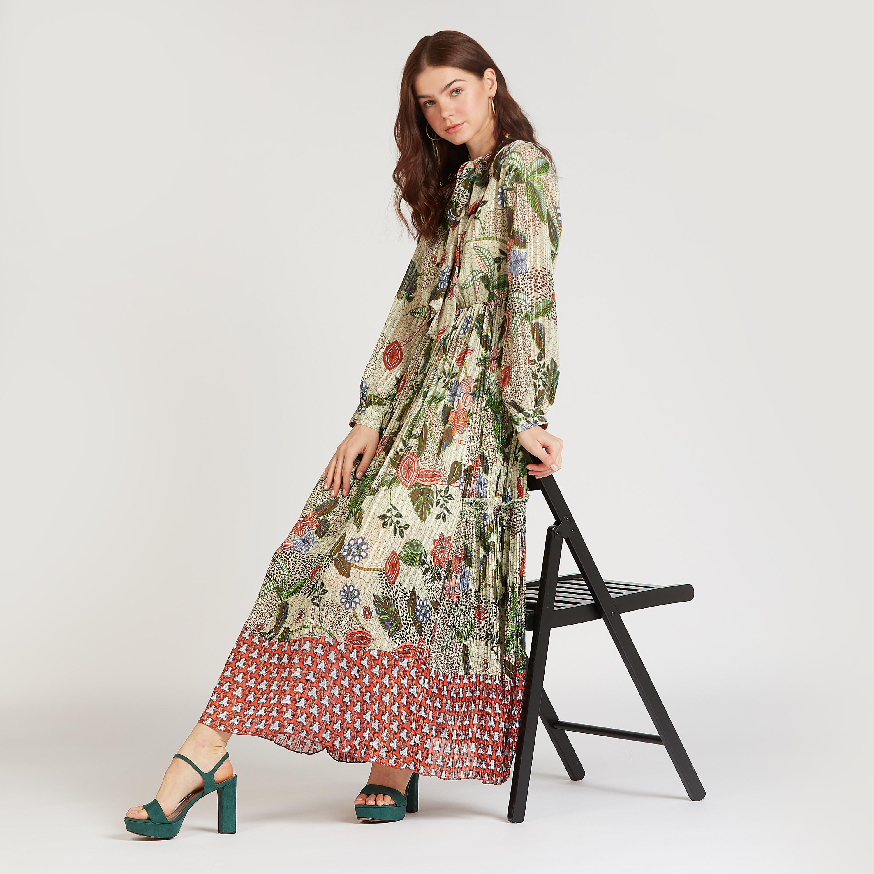 Printed Maxi A-line Dress with Long Sleeves and Tie Ups-women-clothing-dresses-image-2