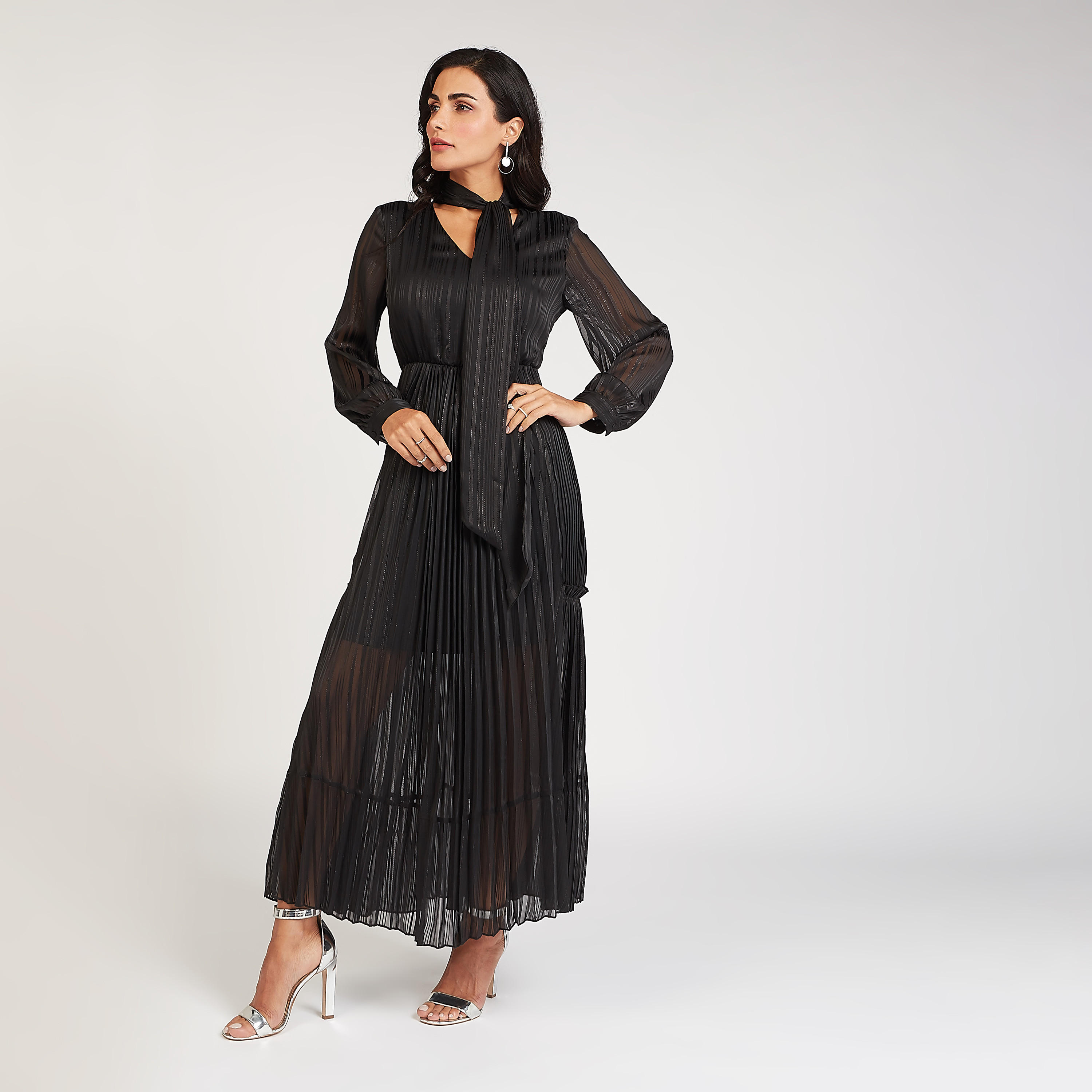 فستان إيه لاين طويل بارز الملمس بأكمام طويلة وتفاصيل ثنايا-women-clothing-dresses-image-1
