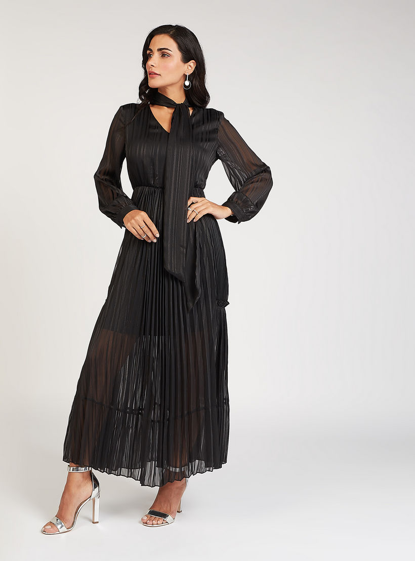 فستان إيه لاين طويل بارز الملمس بأكمام طويلة وتفاصيل ثنايا-women-clothing-dresses-image-1