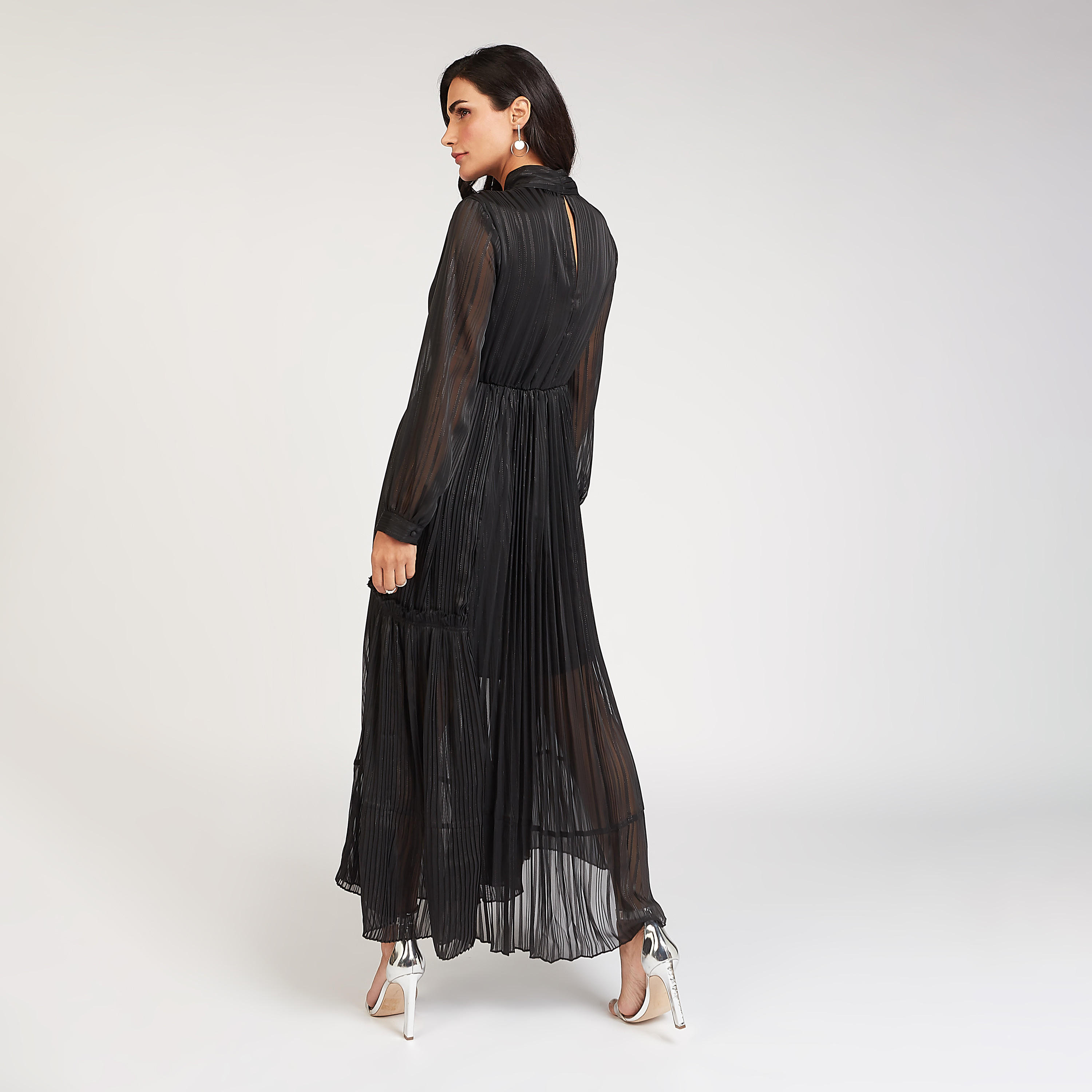 فستان إيه لاين طويل بارز الملمس بأكمام طويلة وتفاصيل ثنايا-women-clothing-dresses-image-2