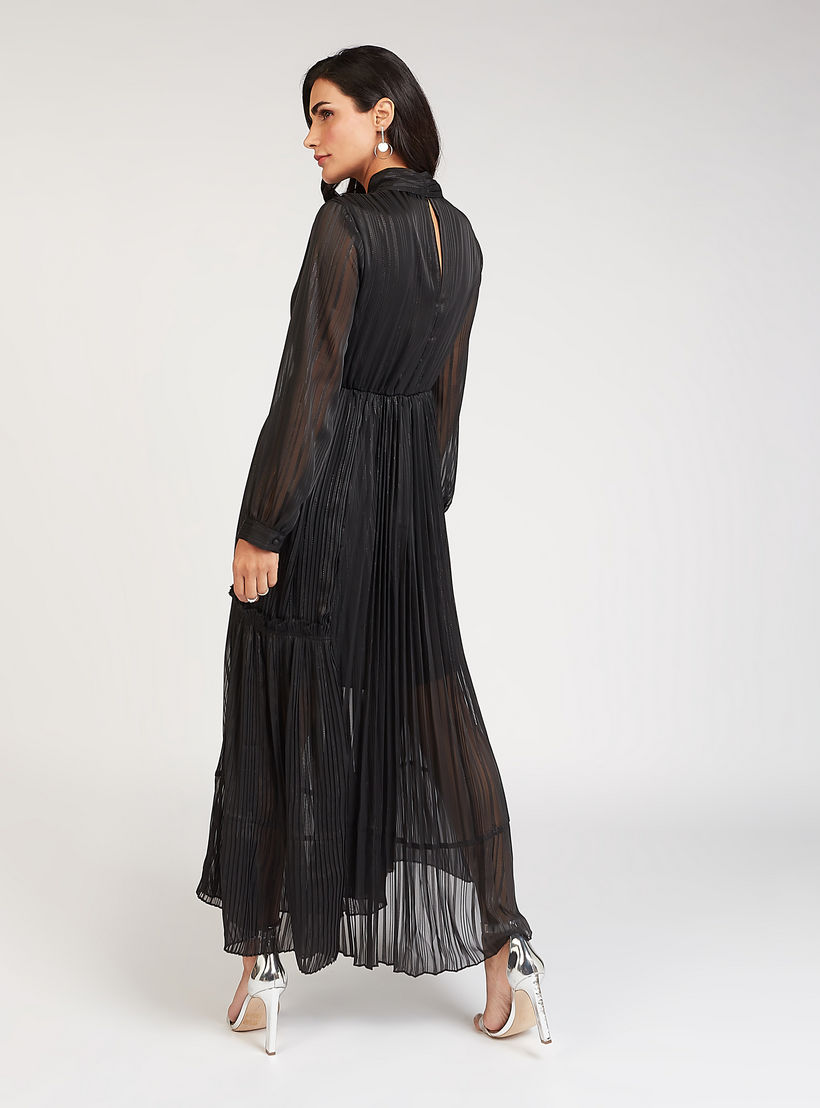 فستان إيه لاين طويل بارز الملمس بأكمام طويلة وتفاصيل ثنايا-women-clothing-dresses-image-2