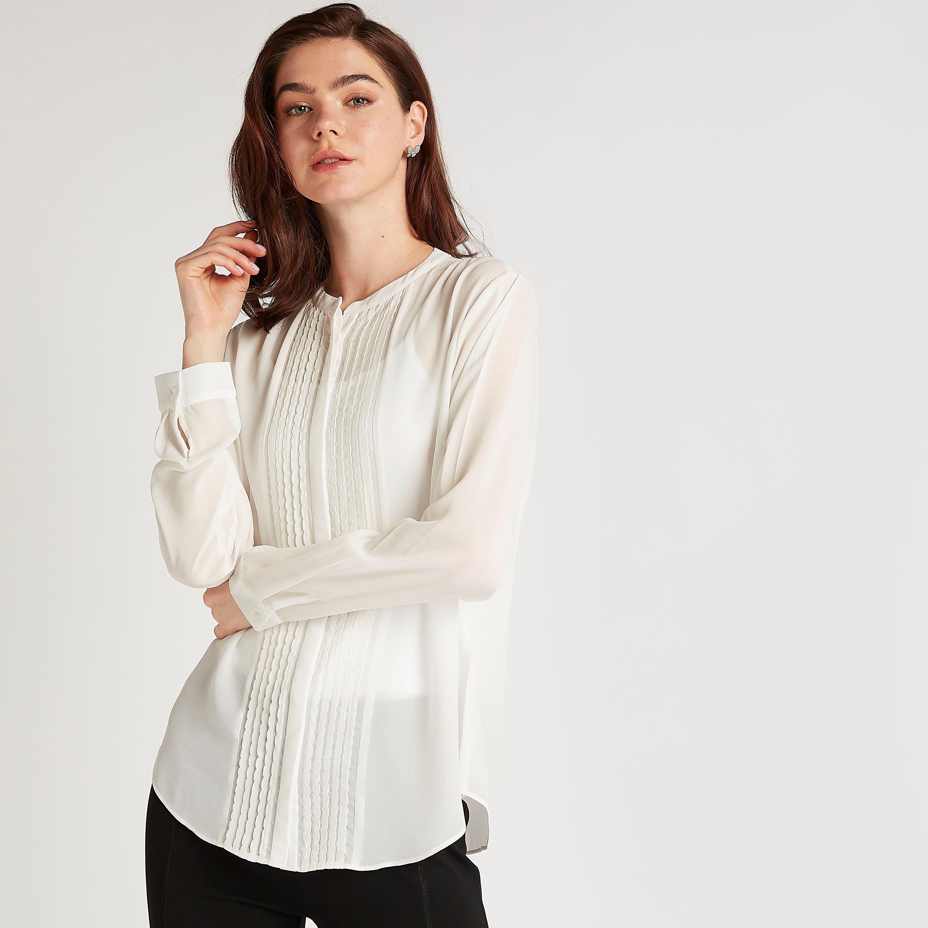بلوزة بكشكشة وياقة ماندارين وأكمام طويلة-women-clothing-shirtsandblouses-blouses-image-1