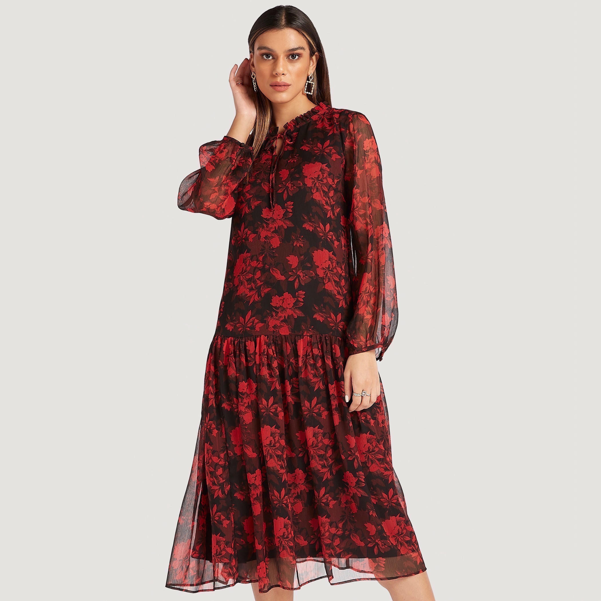 Floral Print Midi A-line Dress with Long Sleeves and Ruffled Neck-women-clothing-dresses-image-1