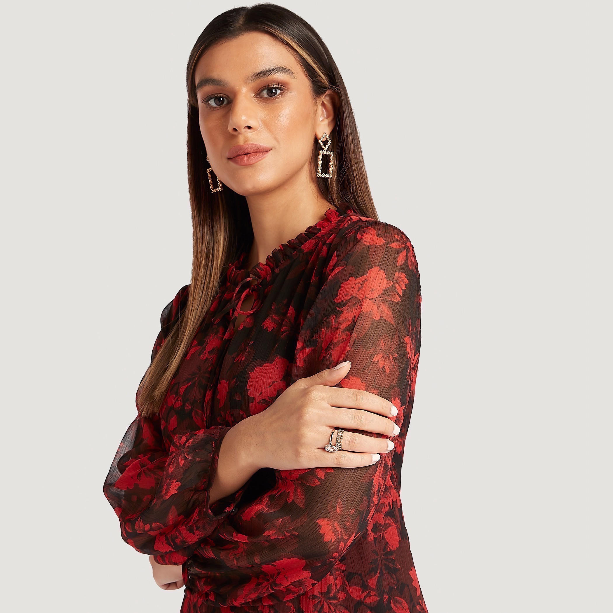 Floral Print Midi A-line Dress with Long Sleeves and Ruffled Neck-women-clothing-dresses-image-2