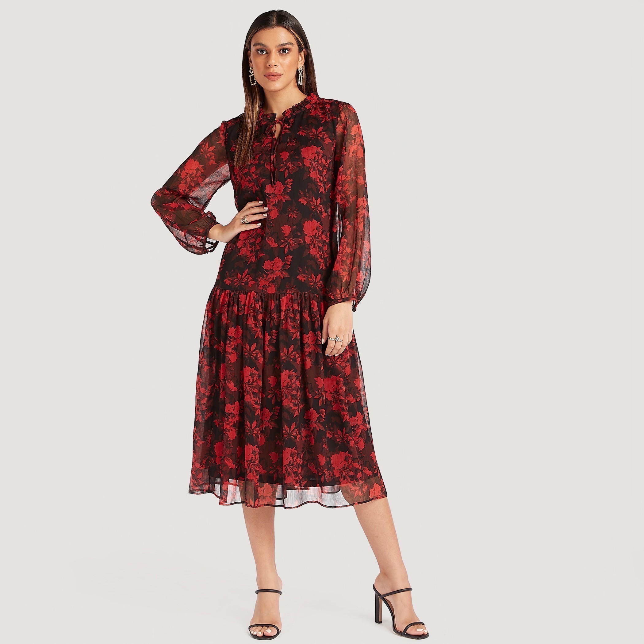 Floral Print Midi A-line Dress with Long Sleeves and Ruffled Neck-women-clothing-dresses-image-3