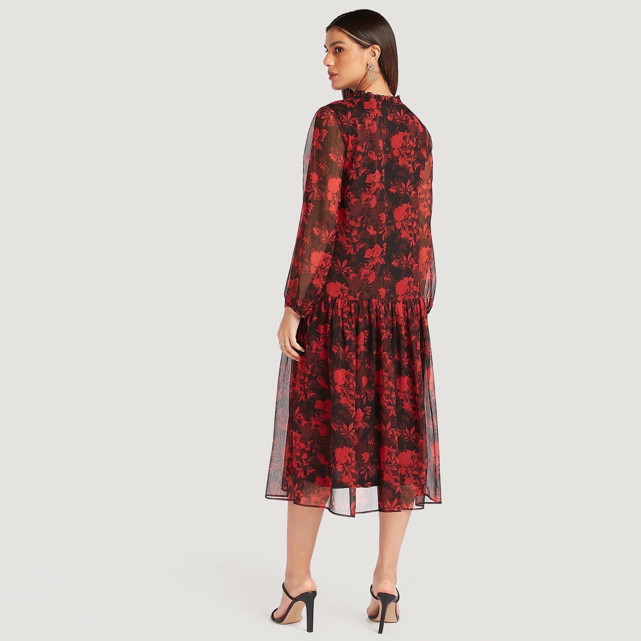 Floral Print Midi A-line Dress with Long Sleeves and Ruffled Neck-women-clothing-dresses-image-4