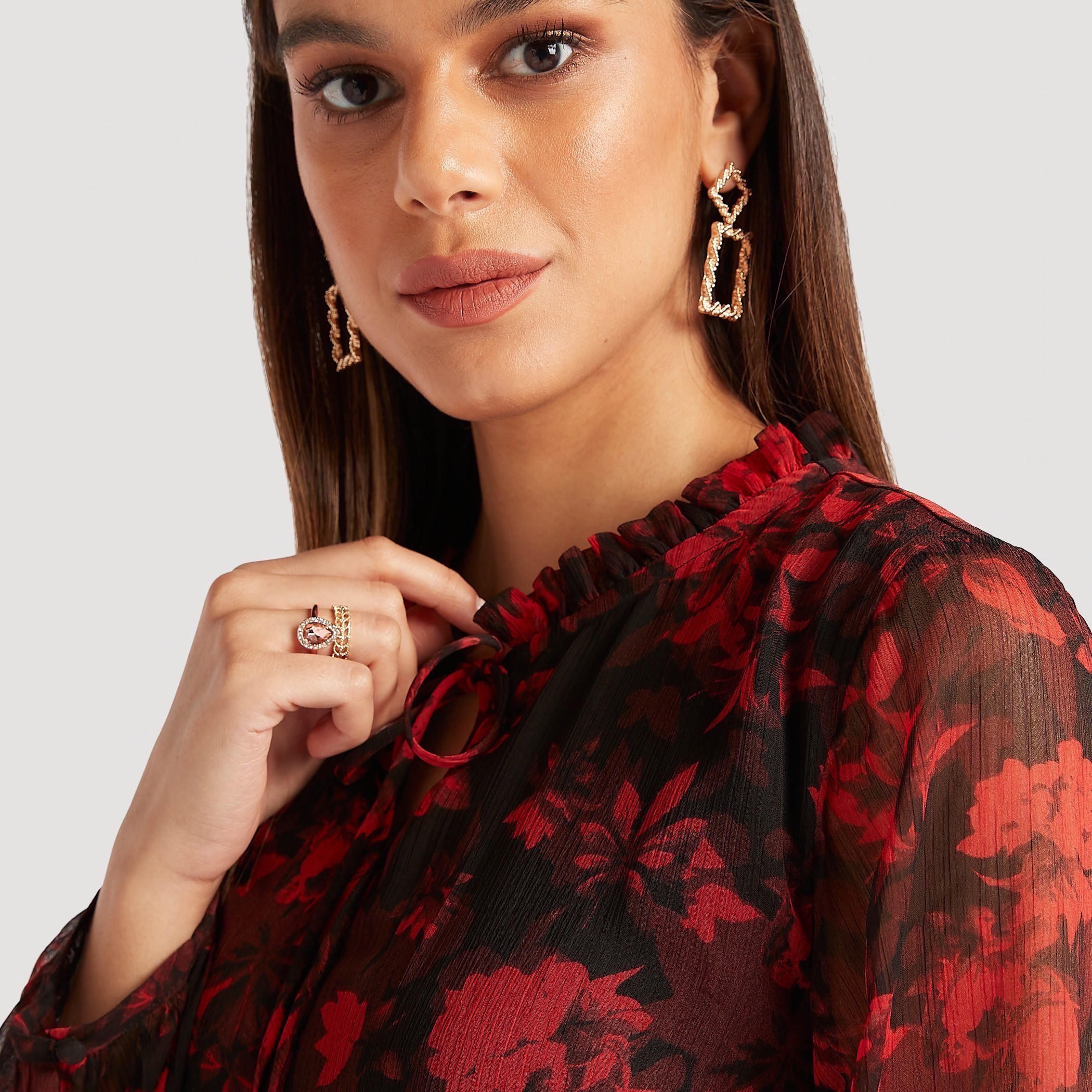 Floral Print Midi A-line Dress with Long Sleeves and Ruffled Neck-women-clothing-dresses-image-5