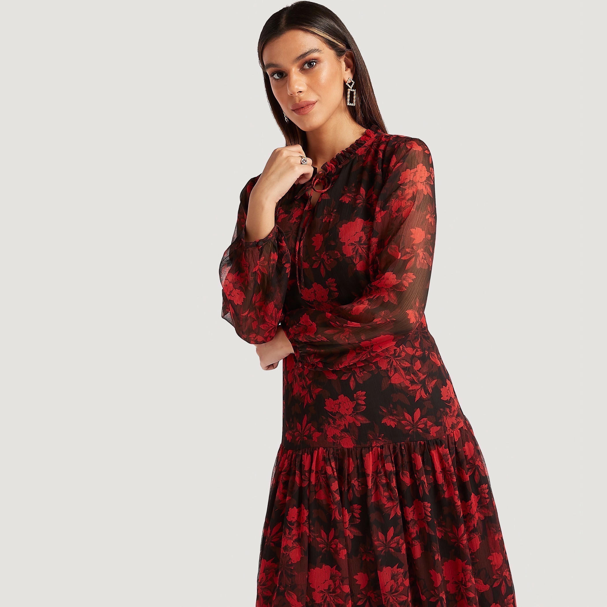 Floral Print Midi A-line Dress with Long Sleeves and Ruffled Neck-women-clothing-dresses-image-7