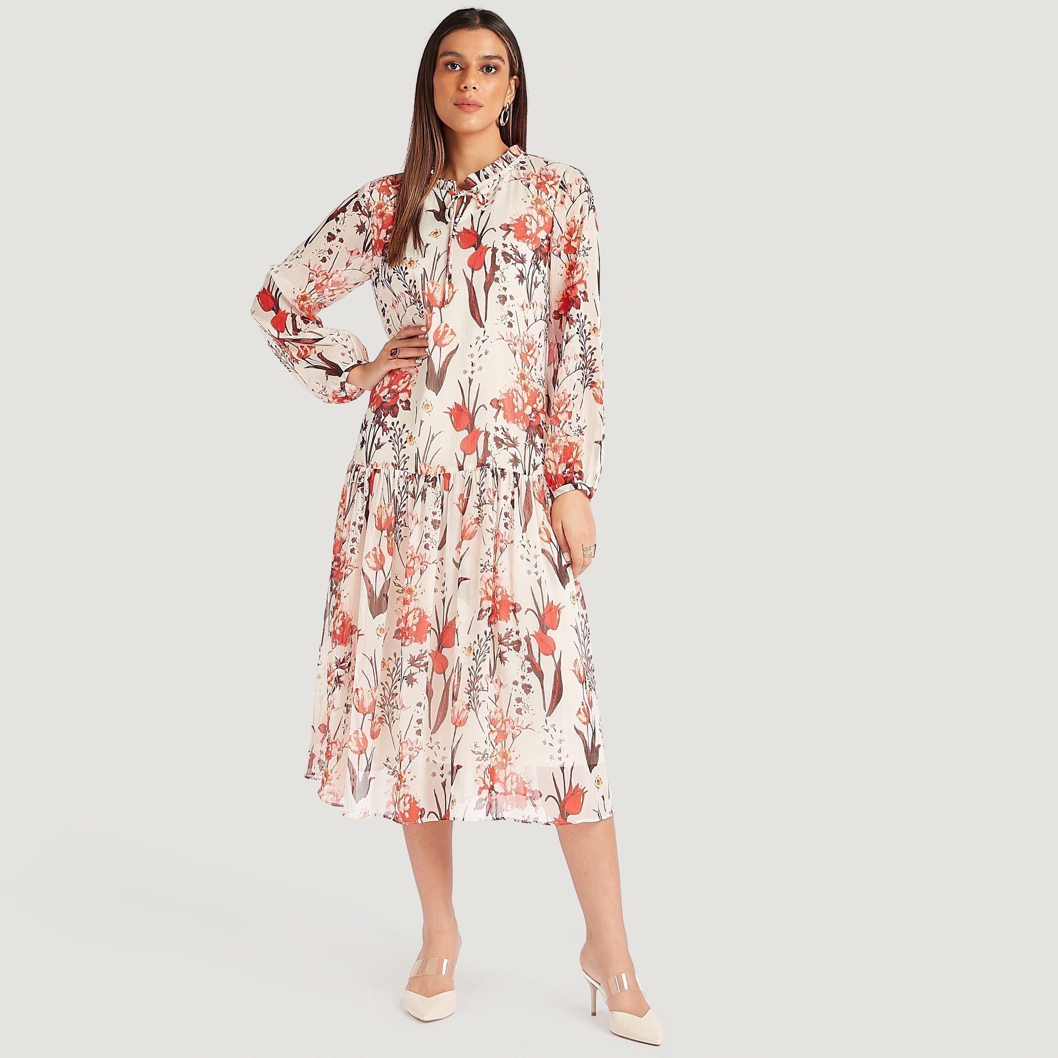فستان ميدي إيه لاين بطبعات أزهار وياقة عادية بكشكشة وأكمام طويلة-women-clothing-dresses-image-1