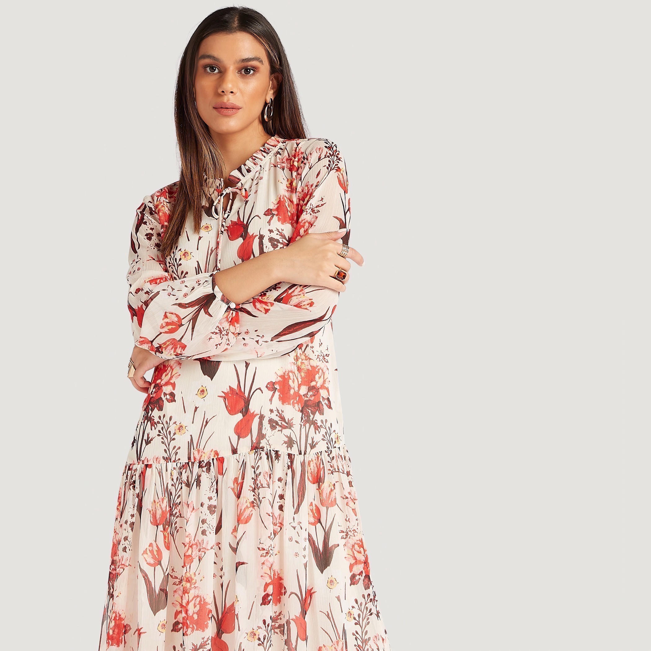 فستان ميدي إيه لاين بطبعات أزهار وياقة عادية بكشكشة وأكمام طويلة-women-clothing-dresses-image-2